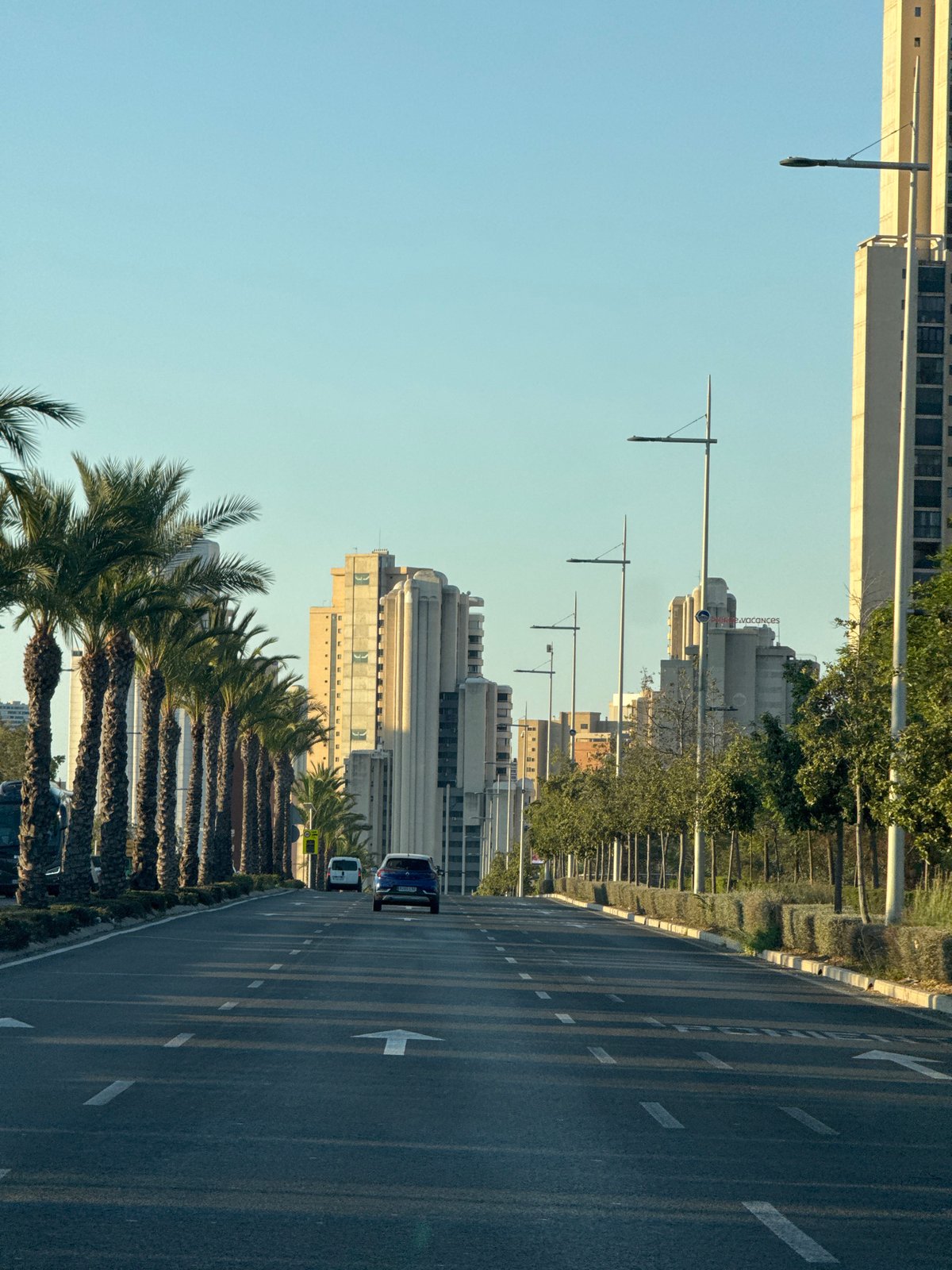 Driving through Benidorm's resort streets at sunrise