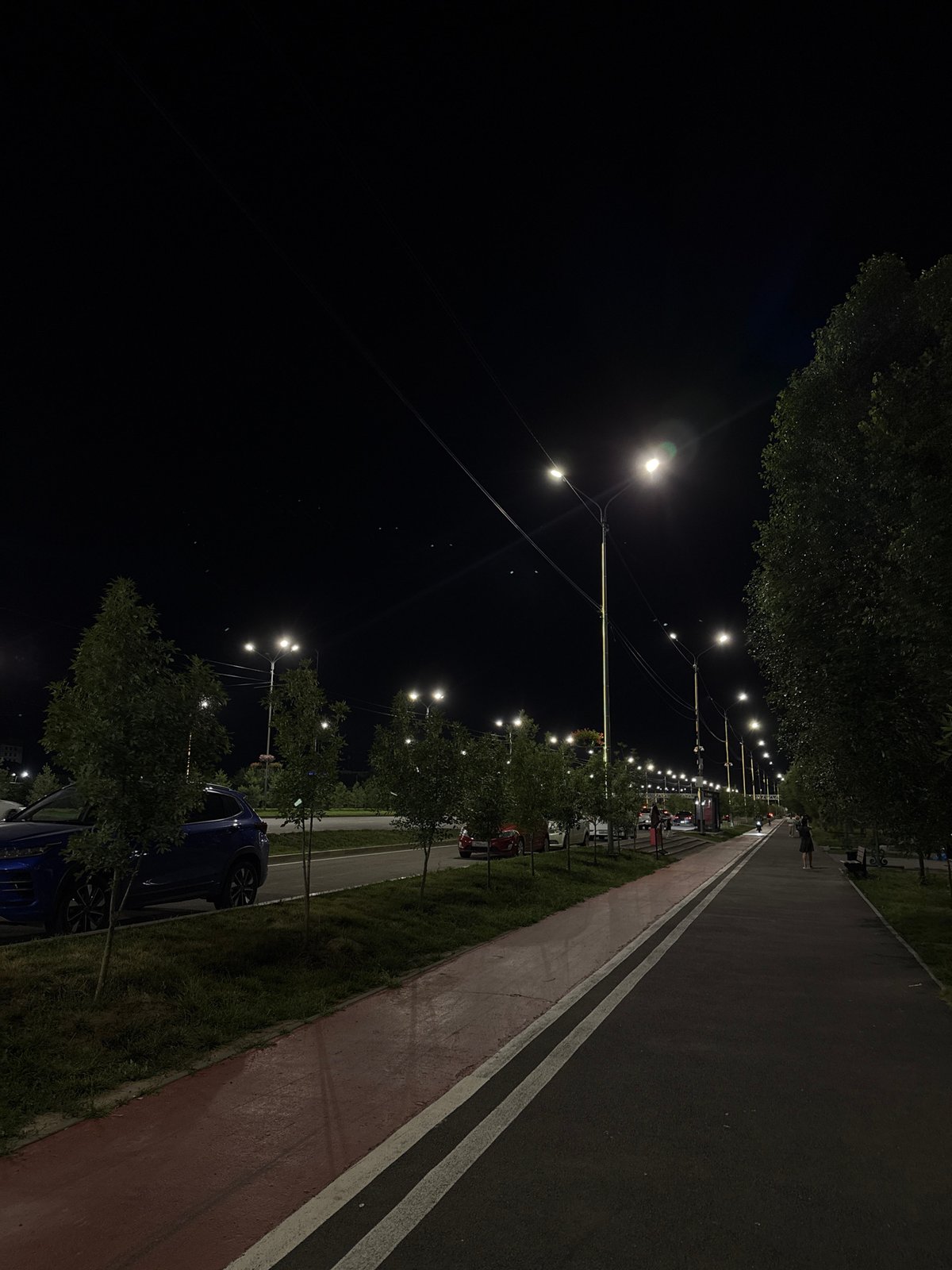 Evening walk along a busy Almaty boulevard at night