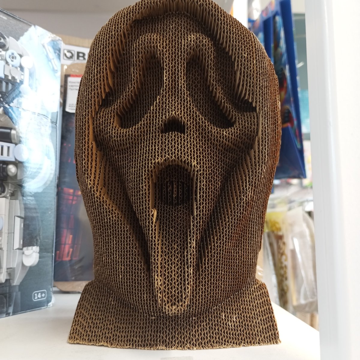 Cardboard Ghostface mask sculpture displayed in Izhevsk, Russia