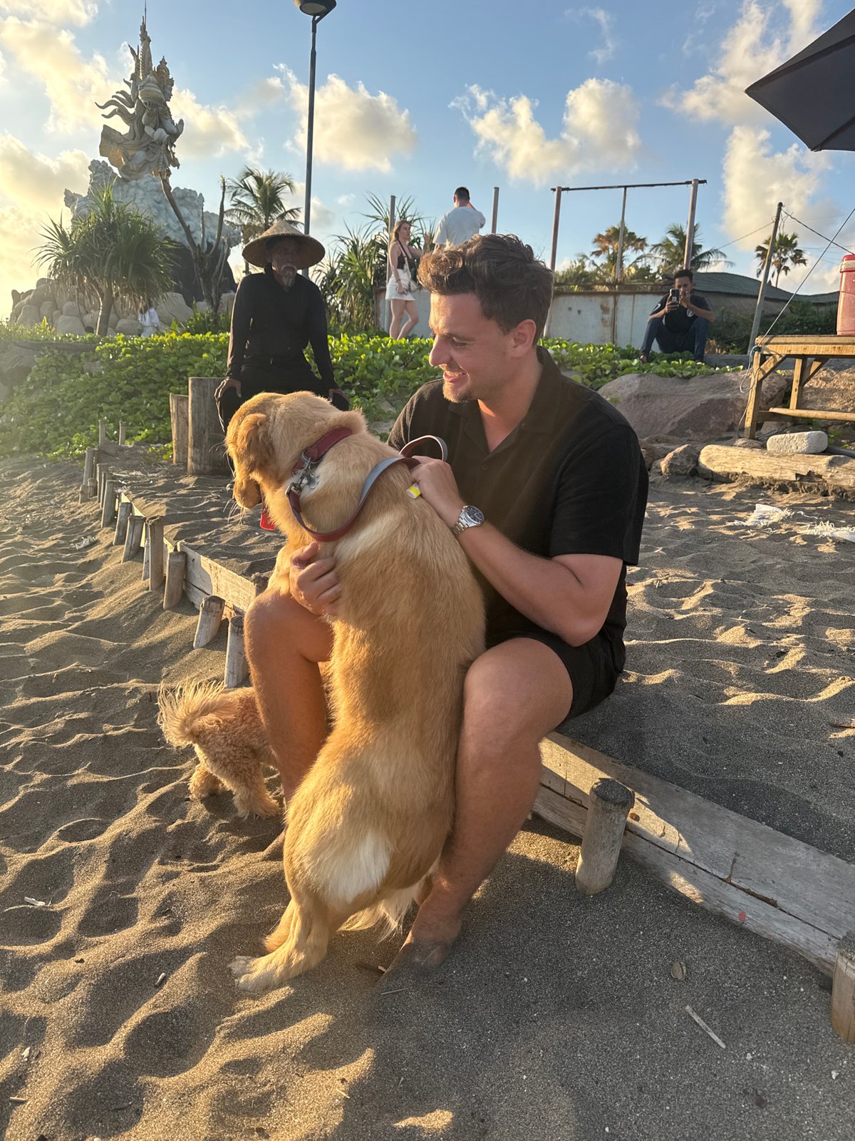 Man and dog share moment on beach wooden structure