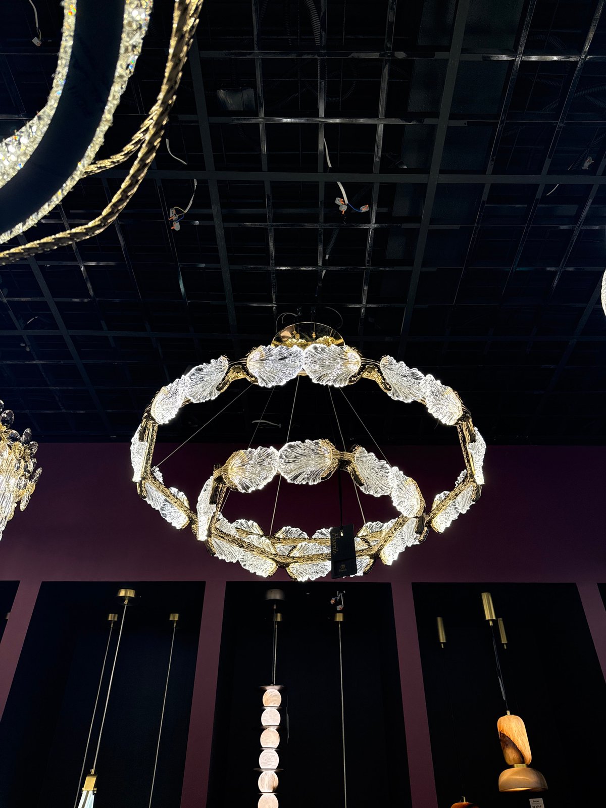 Inside a Moscow lighting showroom, chandeliers and decor on display
