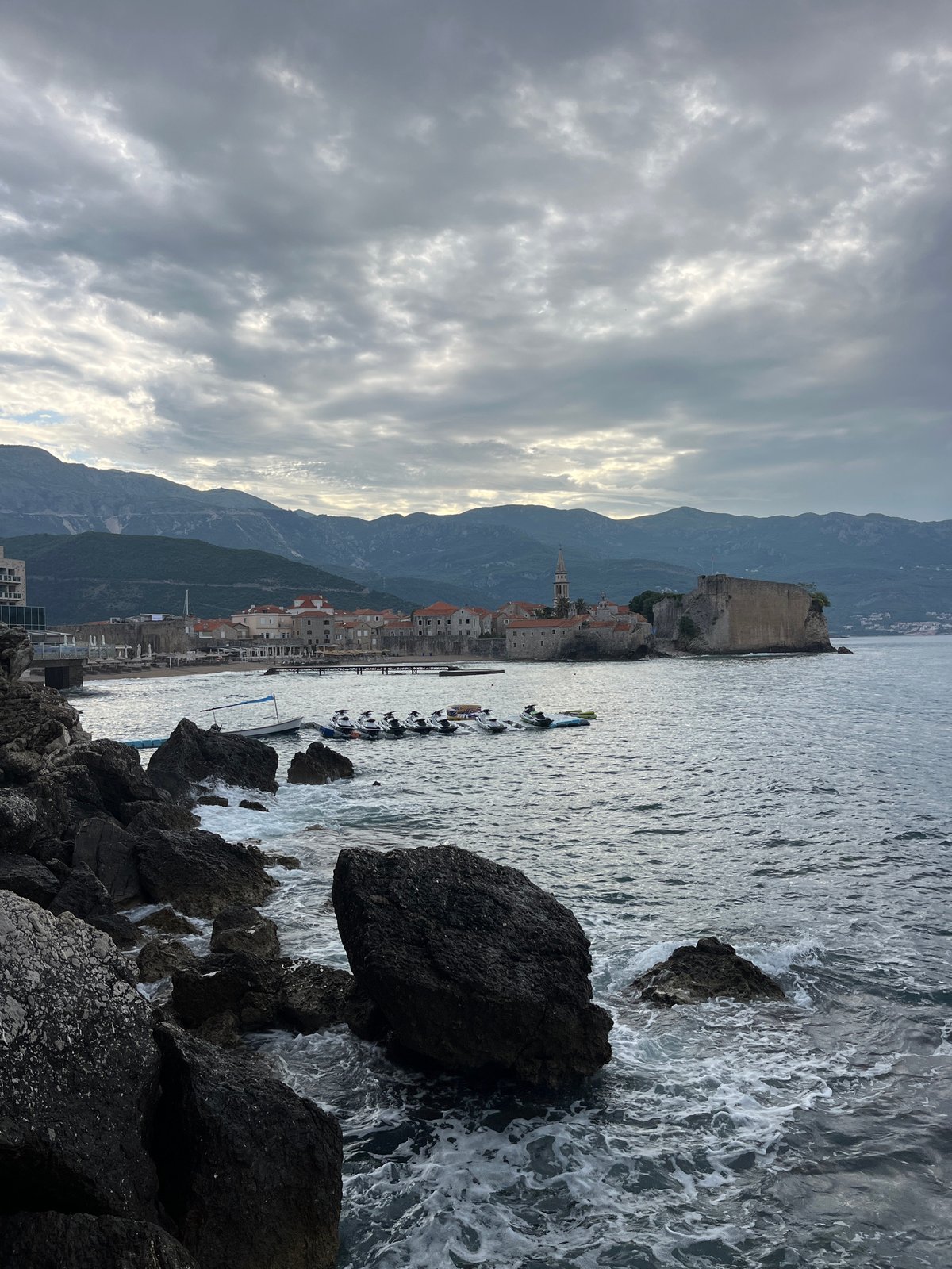 Early morning coastal scene documented in Budva, Montenegro