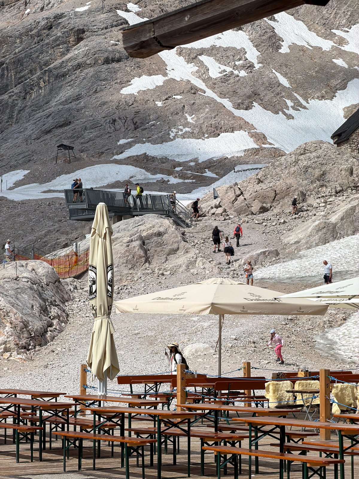 Summer morning at the Zugspitze summit, people and machinery