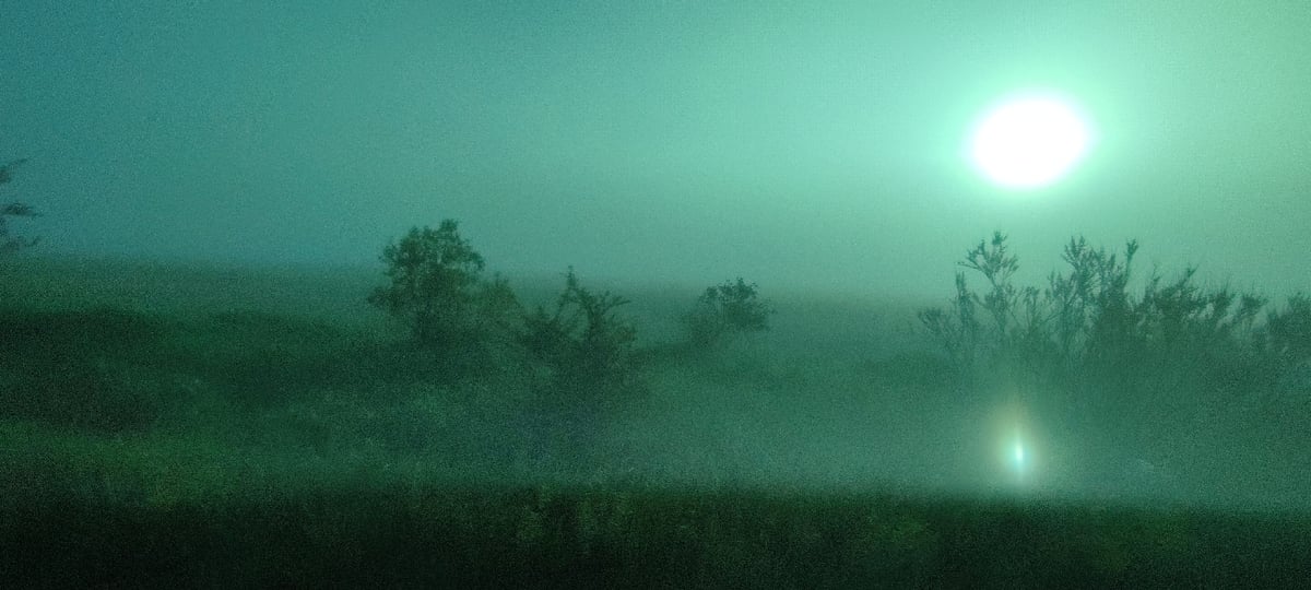 Green fog blankets Ihtiman landscape before dawn