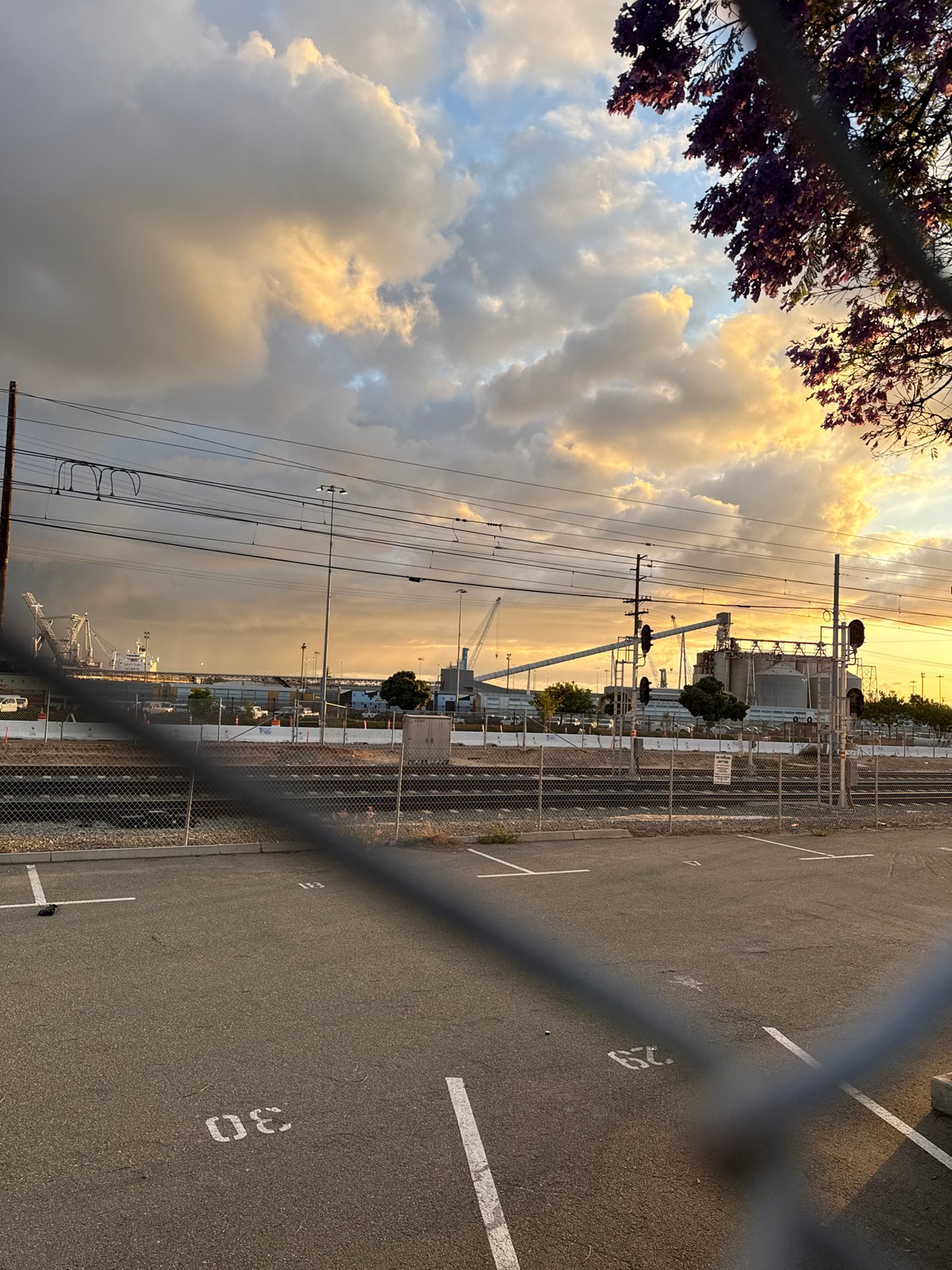 Industrial parking lot photographed at sunset in San Diego