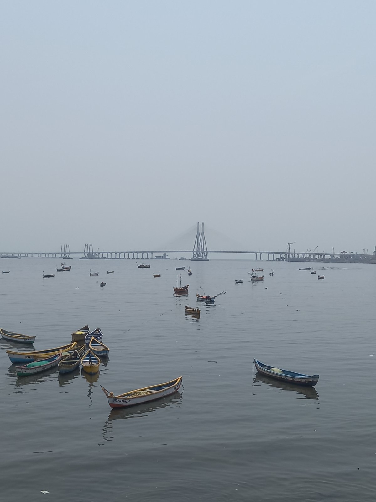 Morning fishing boats gather near Bandra-Worli Sea Link