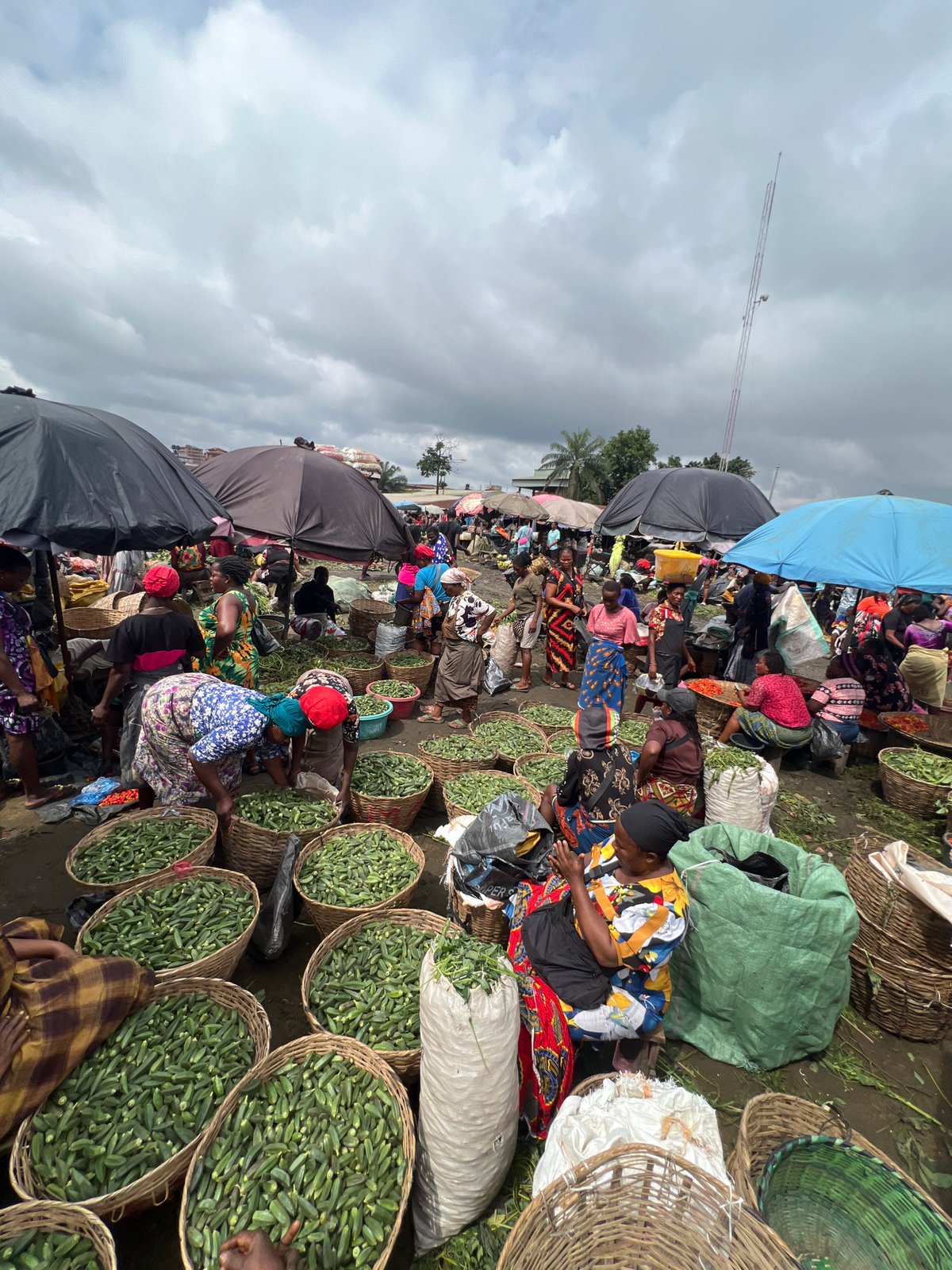 Fegge market vendors trade peppers and produce on a busy morning