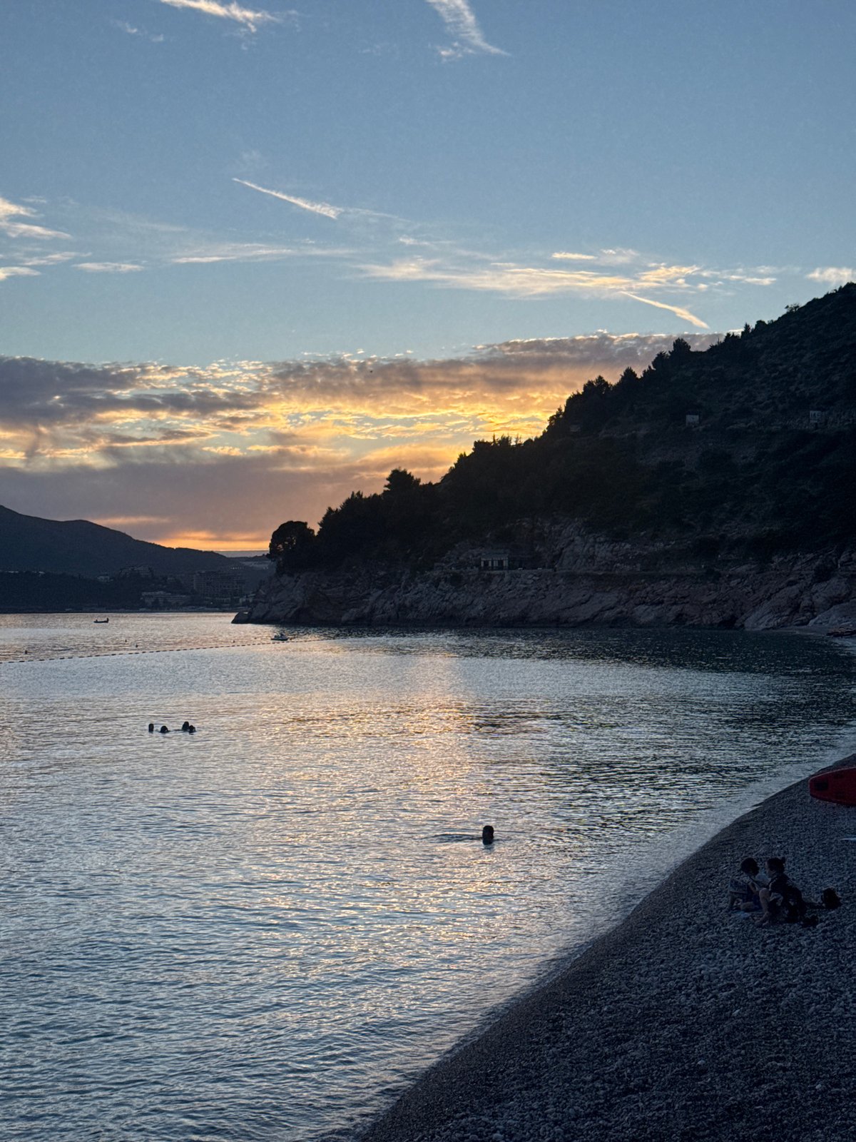 Sunset and beach leisure documented at Kamenovo Bay, Montenegro