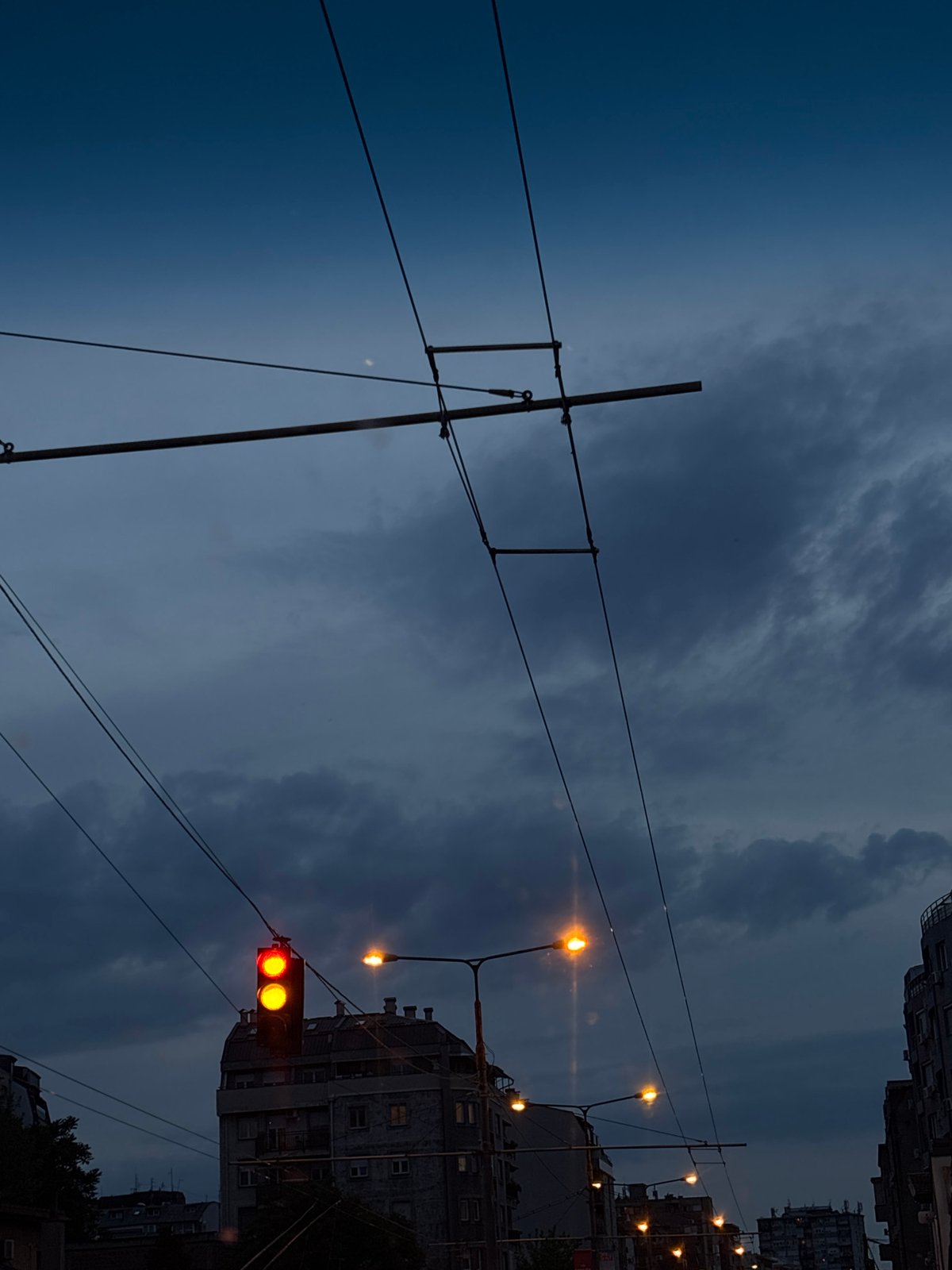Evening traffic scene documented in Belgrade under cloudy skies