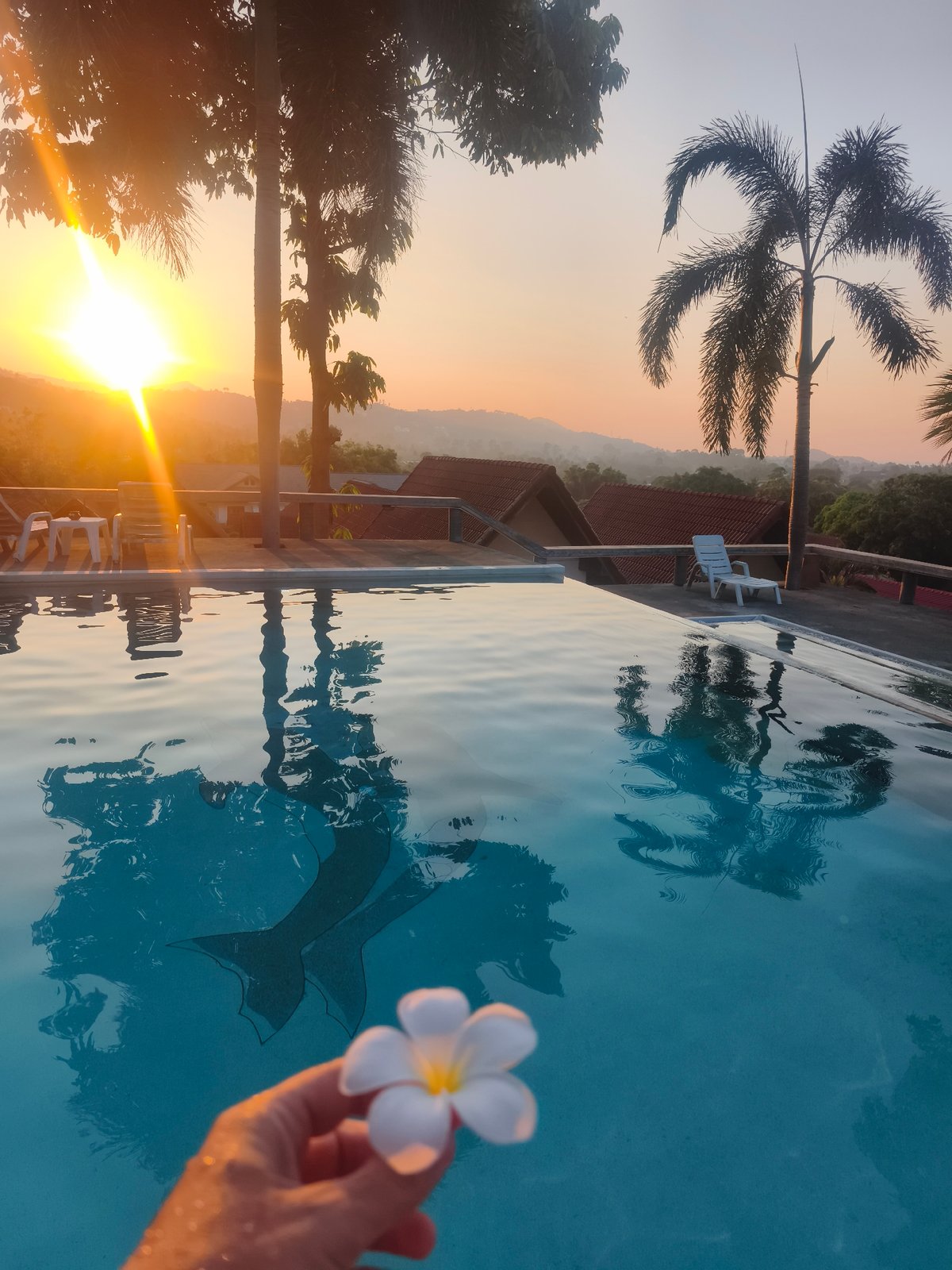 Person reaches toward infinity pool in Koh Samui Thailand