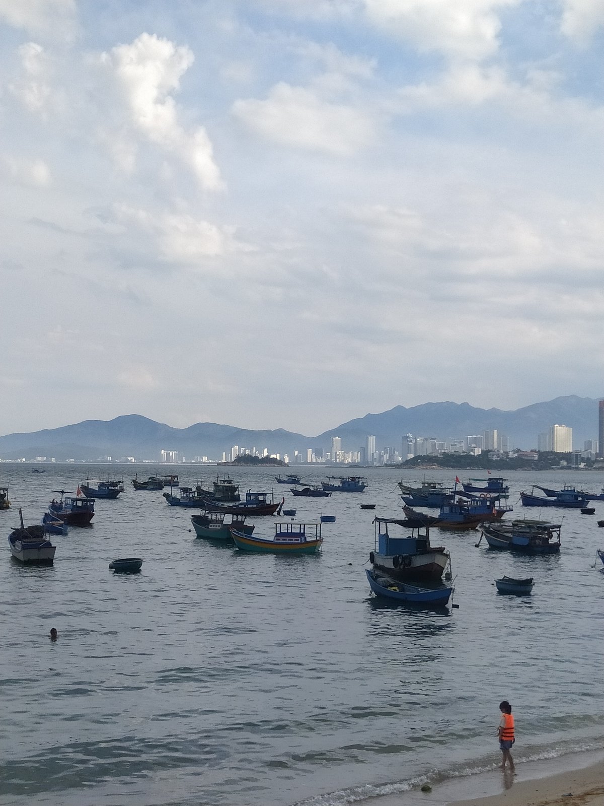 Crowded harbor bay, city skyline, and coastal streets