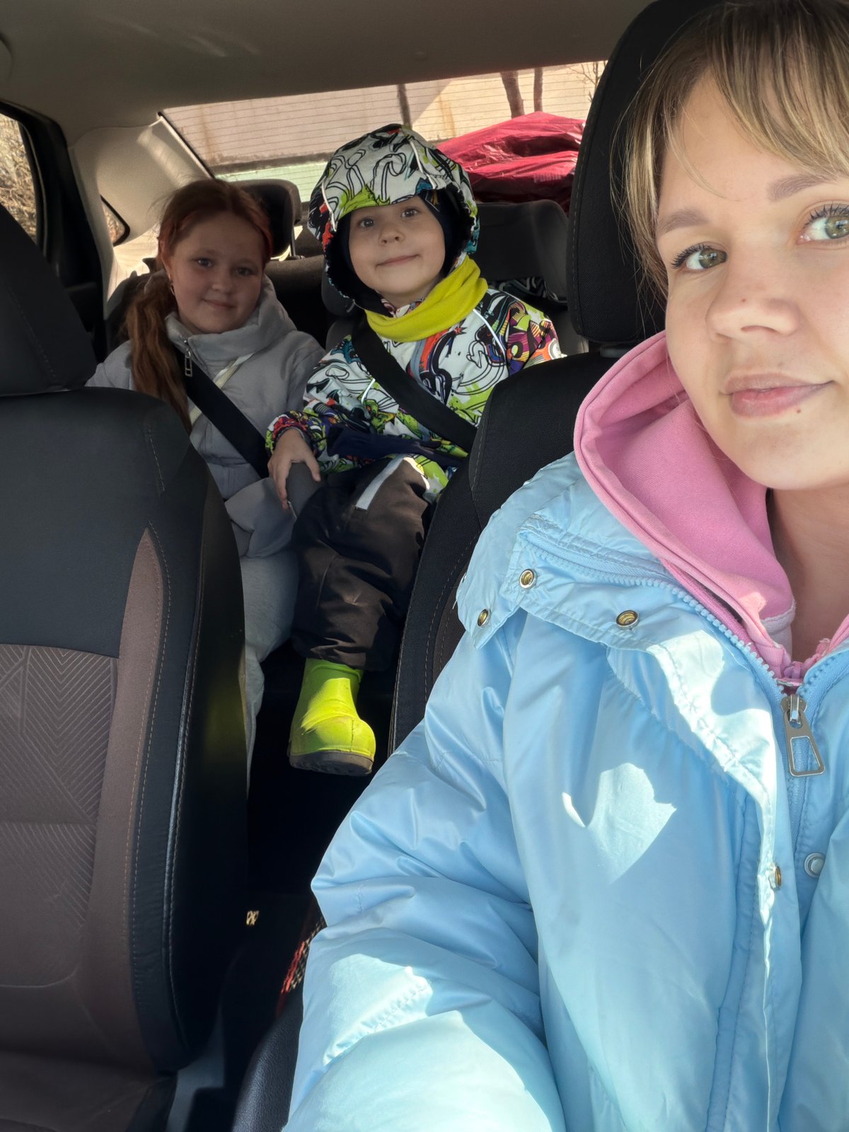 Family car trip with children includes stop for dog interaction