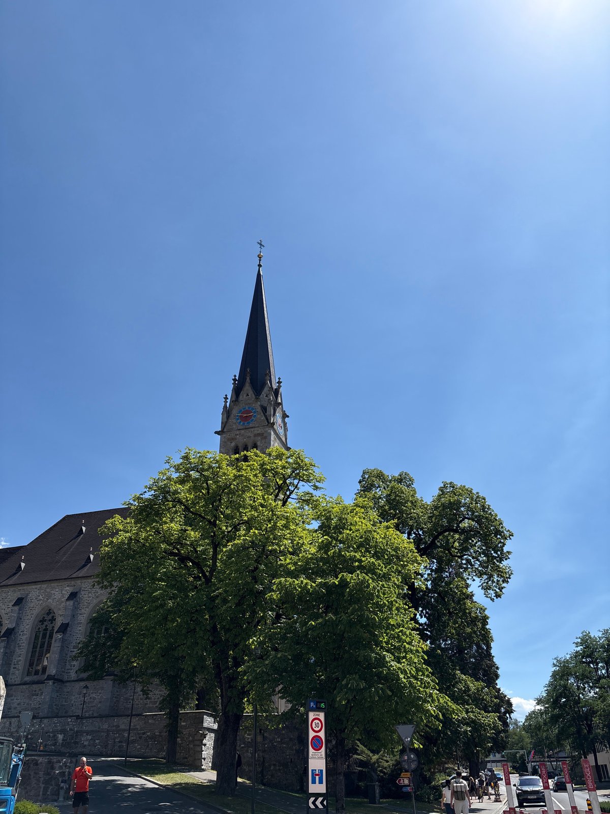 Vaduz city center on a sunny afternoon, umbrellas and landmarks