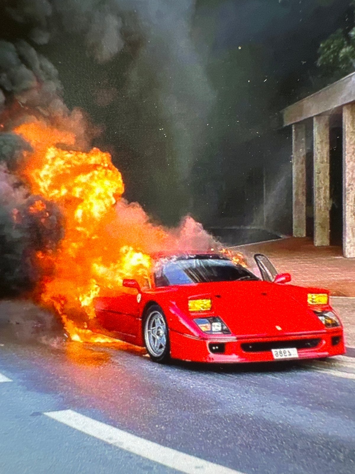Ferrari burns on Rostov road, oleander flowers nearby