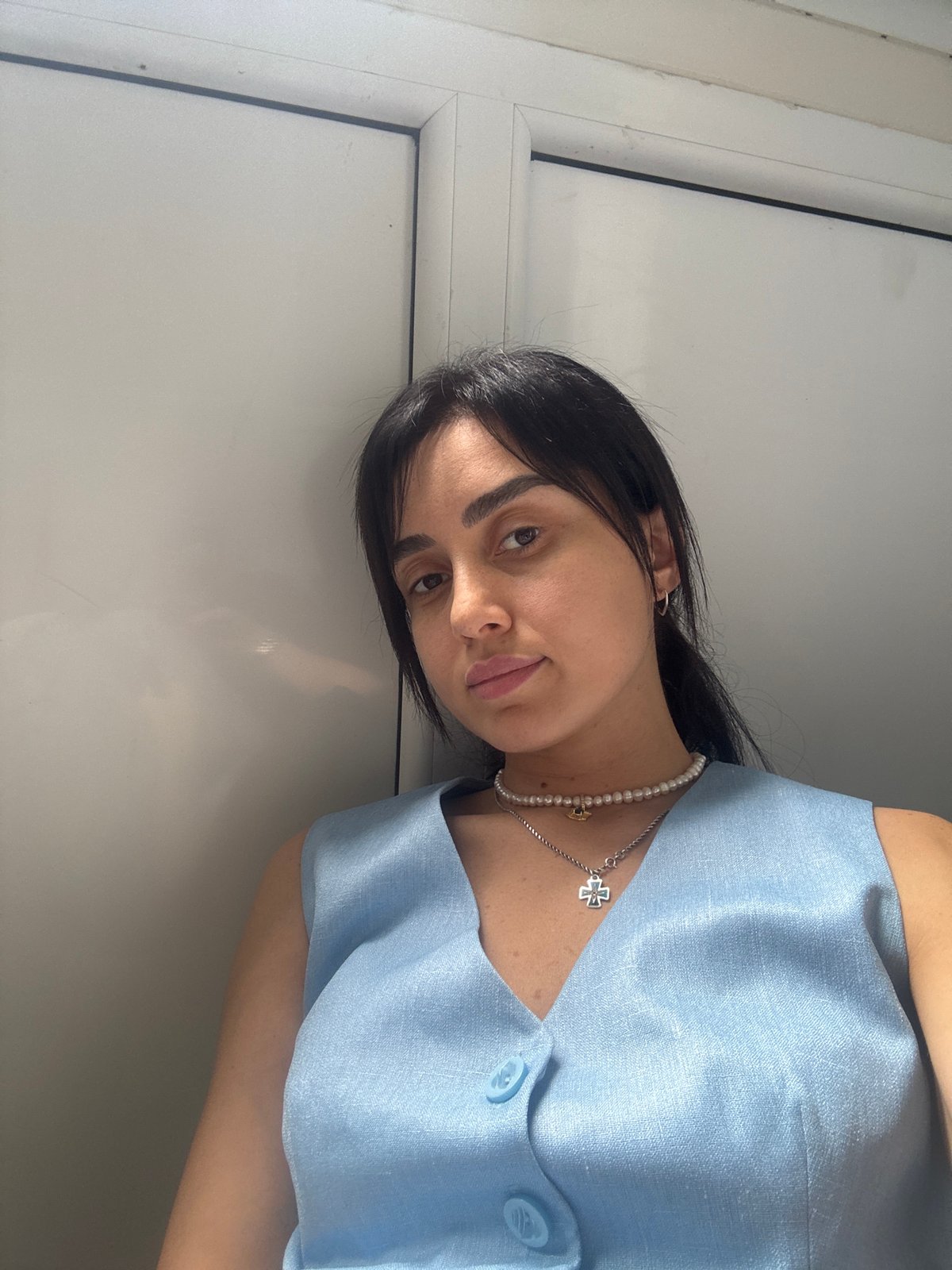 Morning portraits in Tbilisi, light blue top and pearls