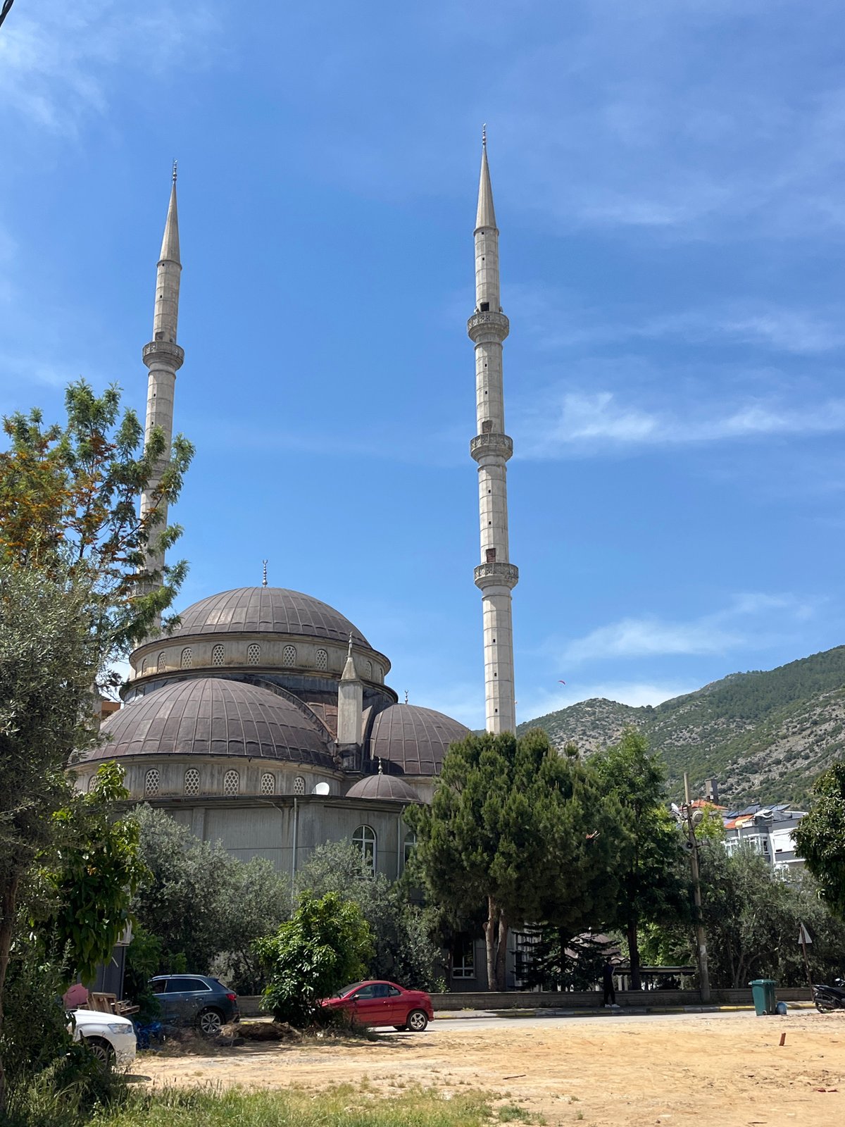 Mosque with twin minarets observed in Alanya, Turkey