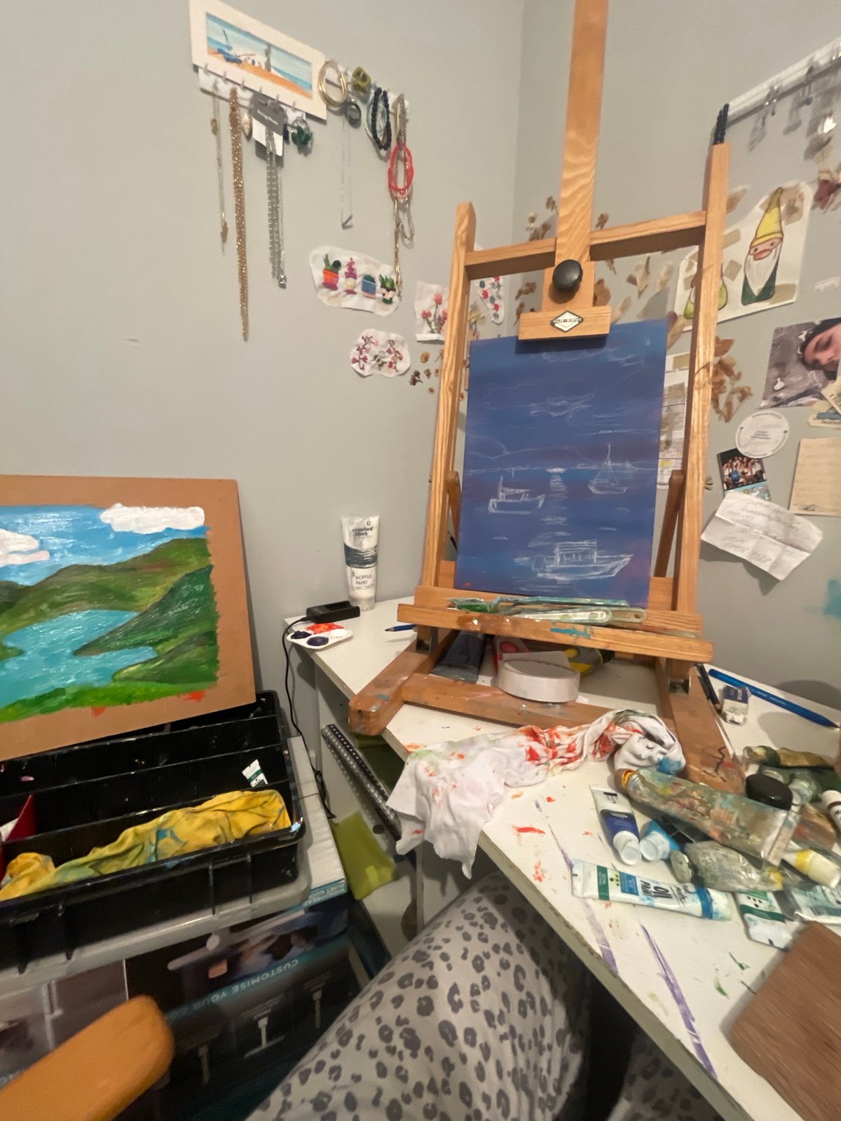 Artist's studio workspace documented during painting session in Maidstone
