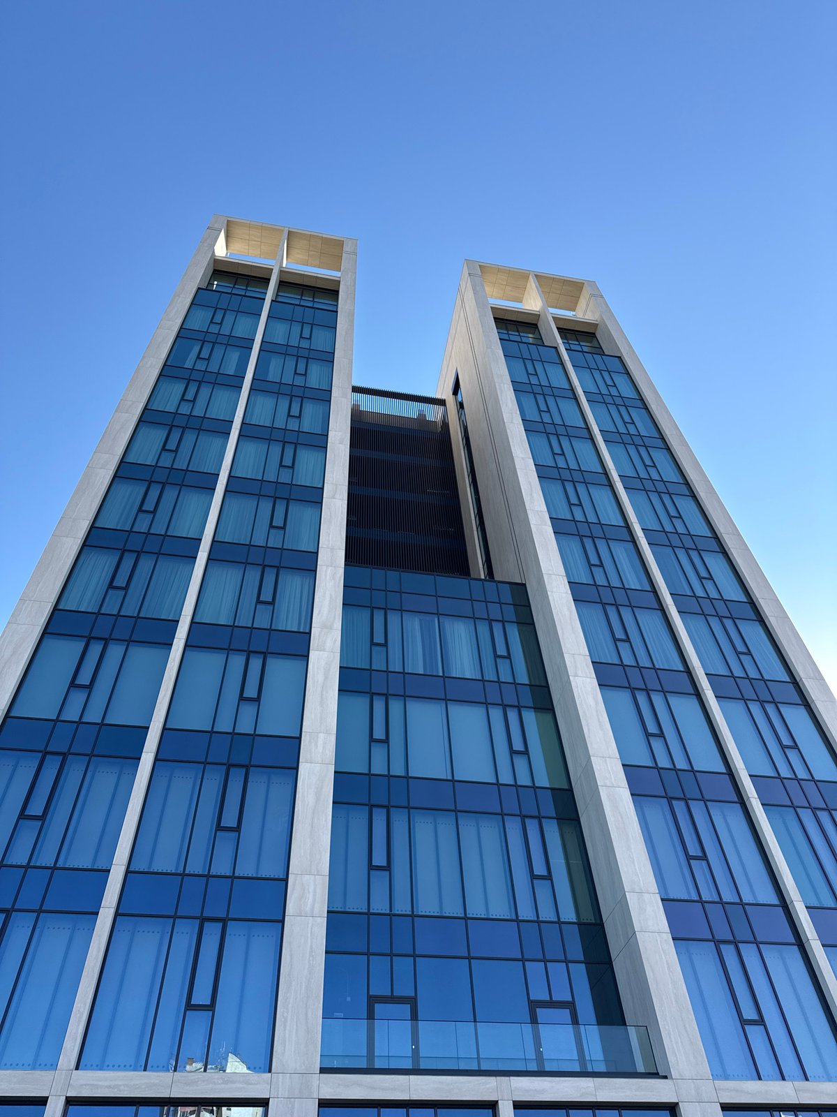Sofia's glass twin towers seen from street level