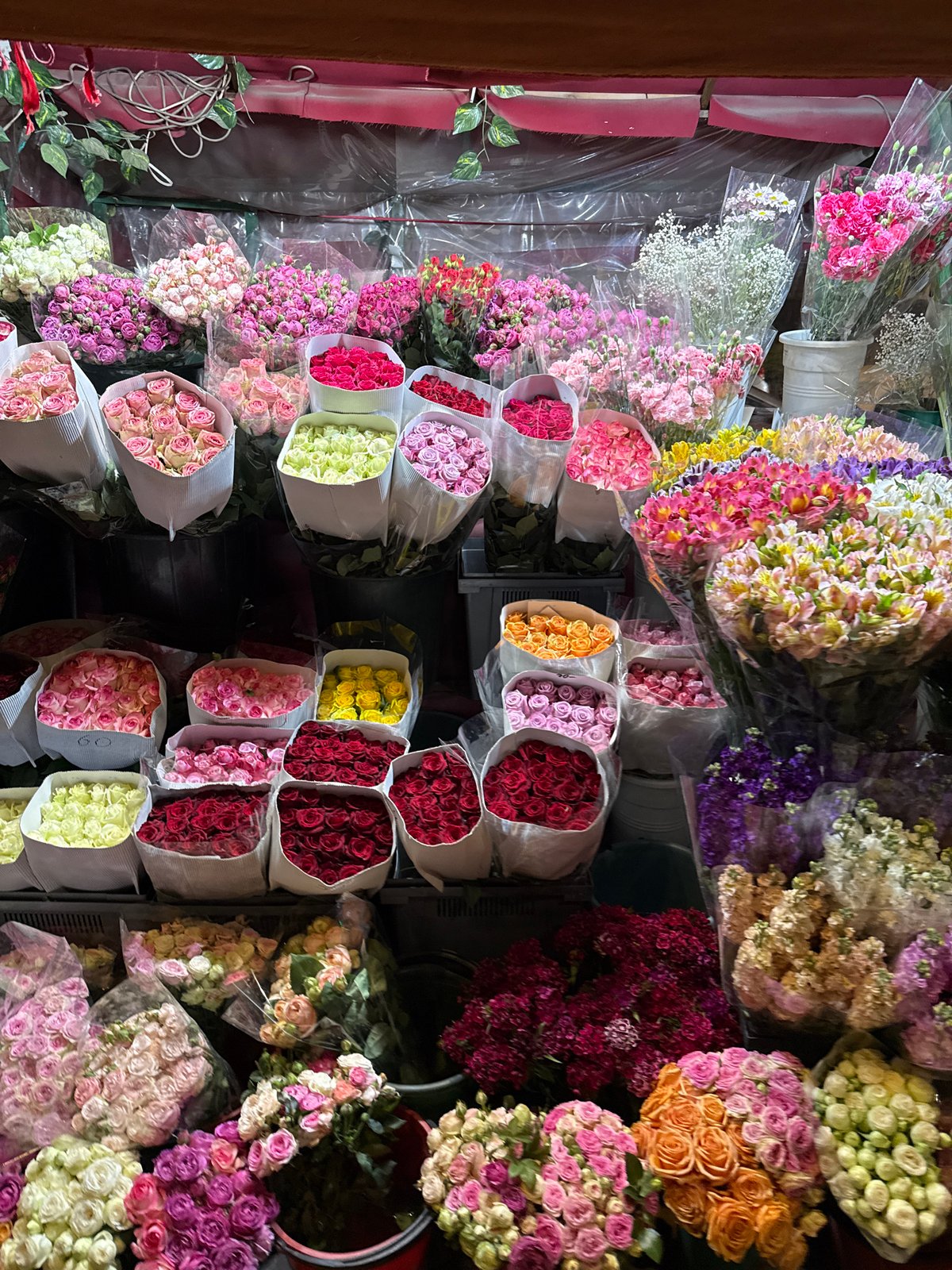 Flower shop displays colorful arrangements in Yerevan, Armenia