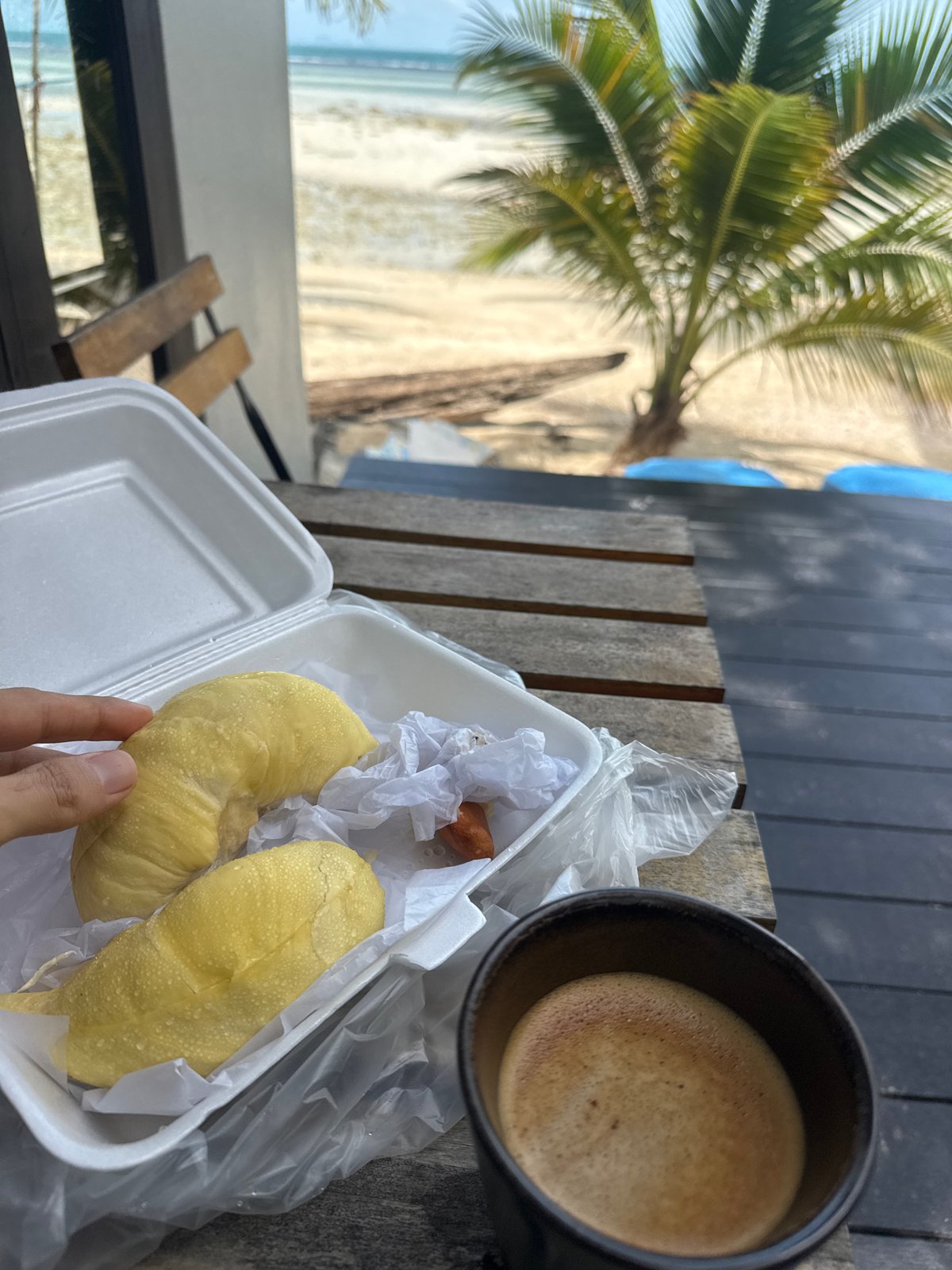 Durian and latte at a seaside café in Ko Samui