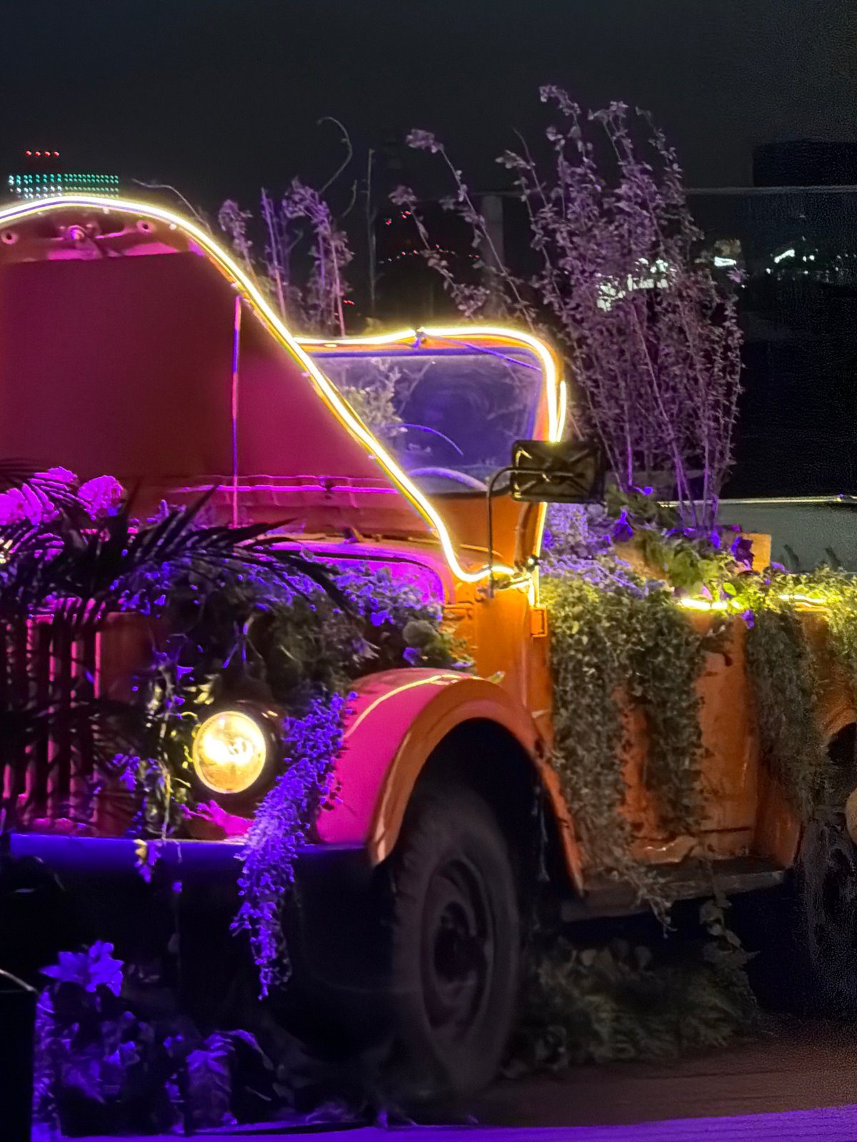 Decorated antique truck spotted with purple lights in Kazan