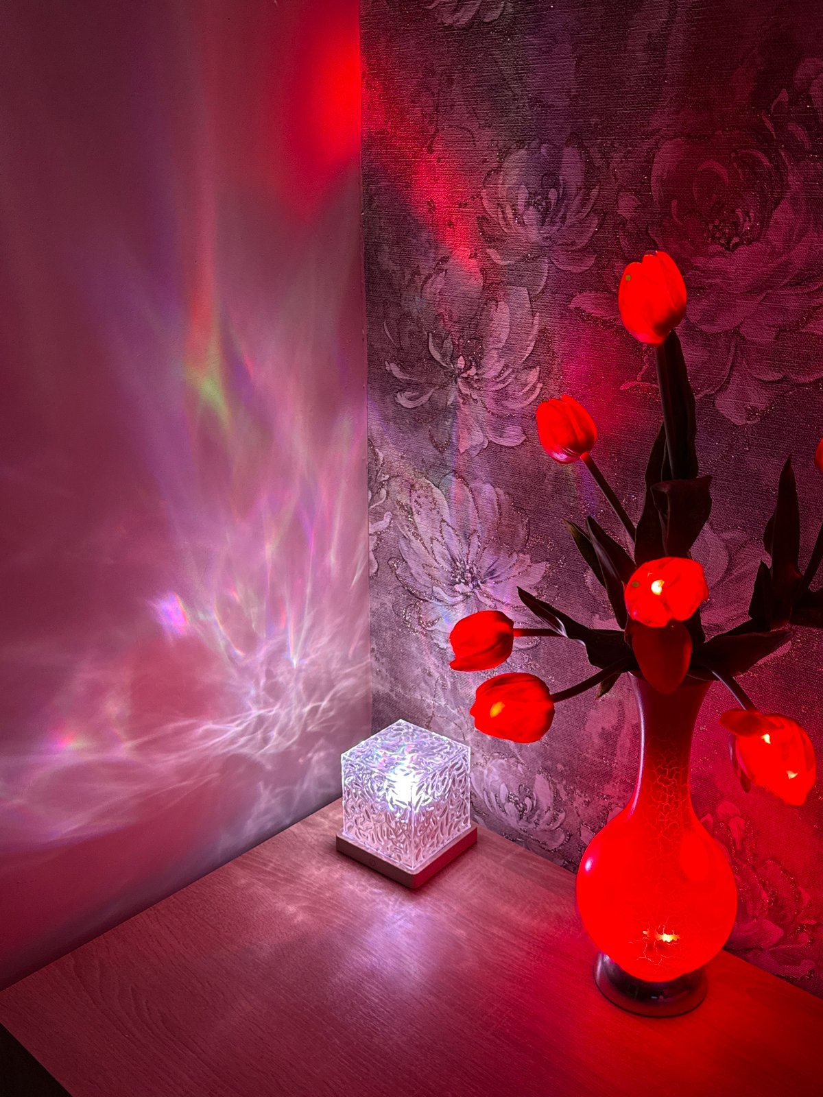 Colorful interior lighting and decorative fixtures documented in unknown location