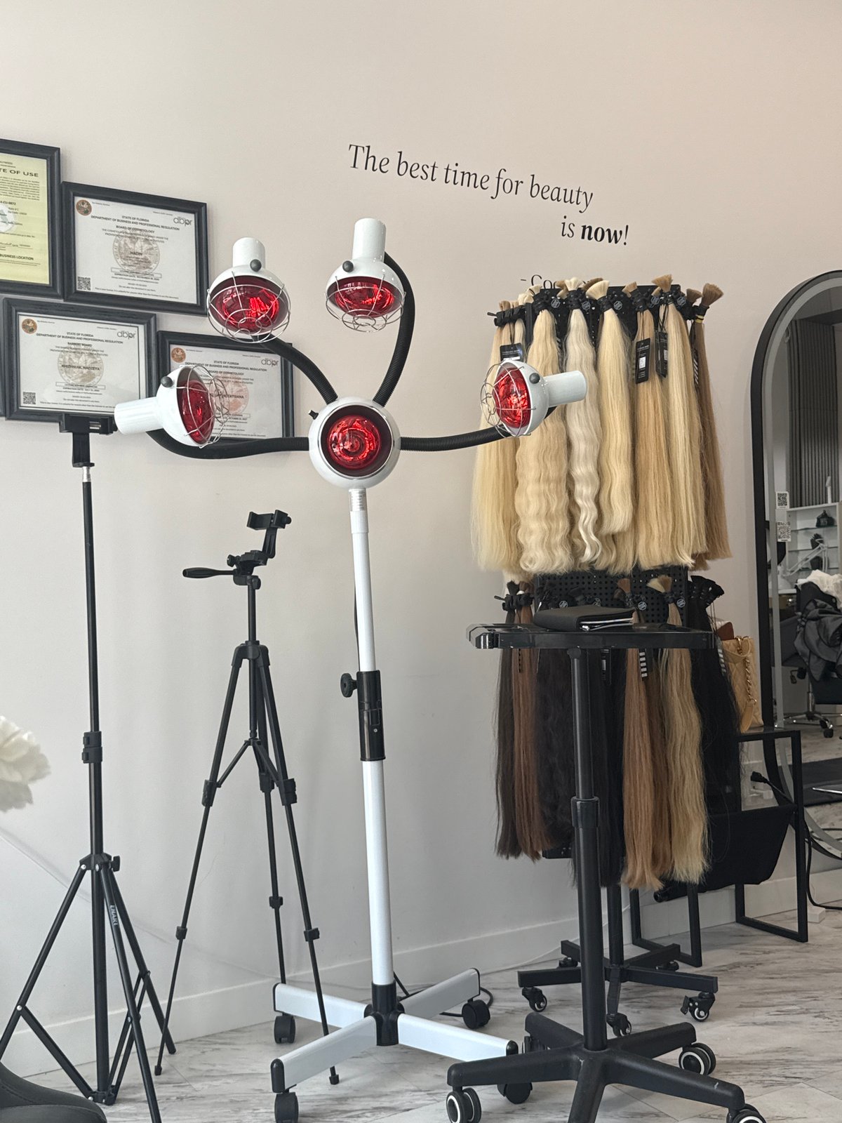 Hair extension display documented at Hollywood beauty salon