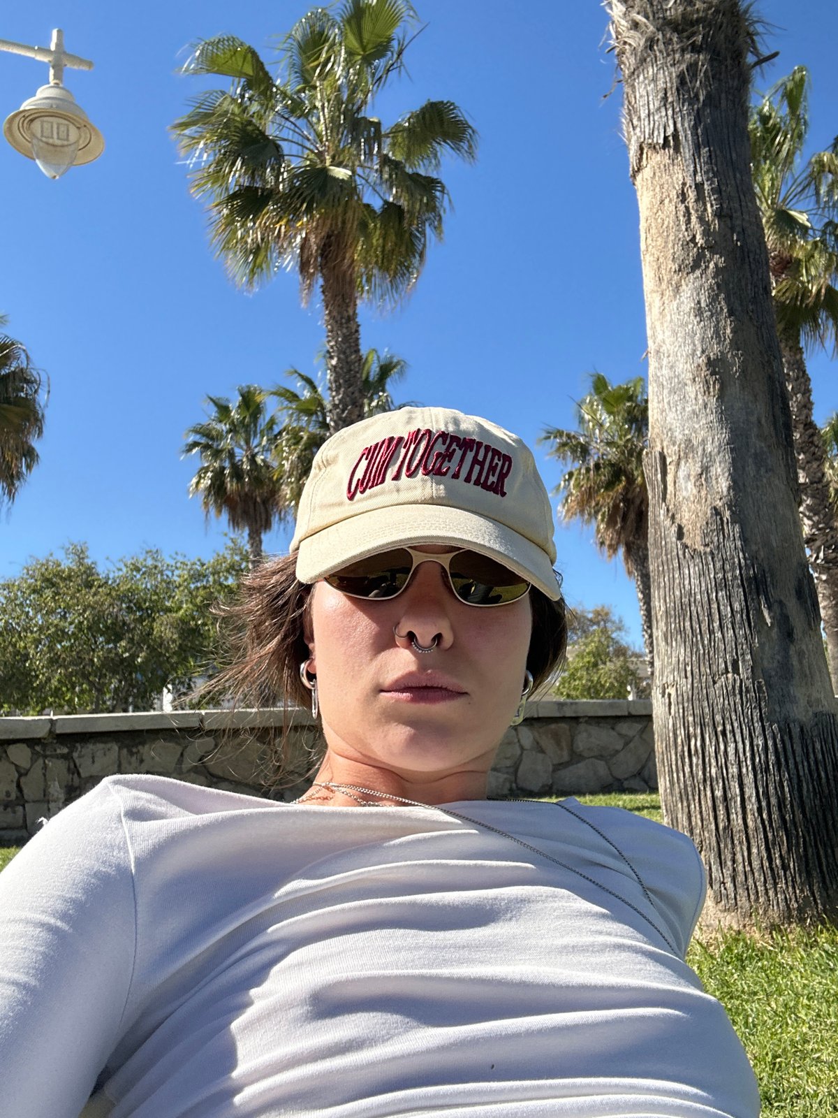 Beachgoers relax on grass near palm trees in Málaga