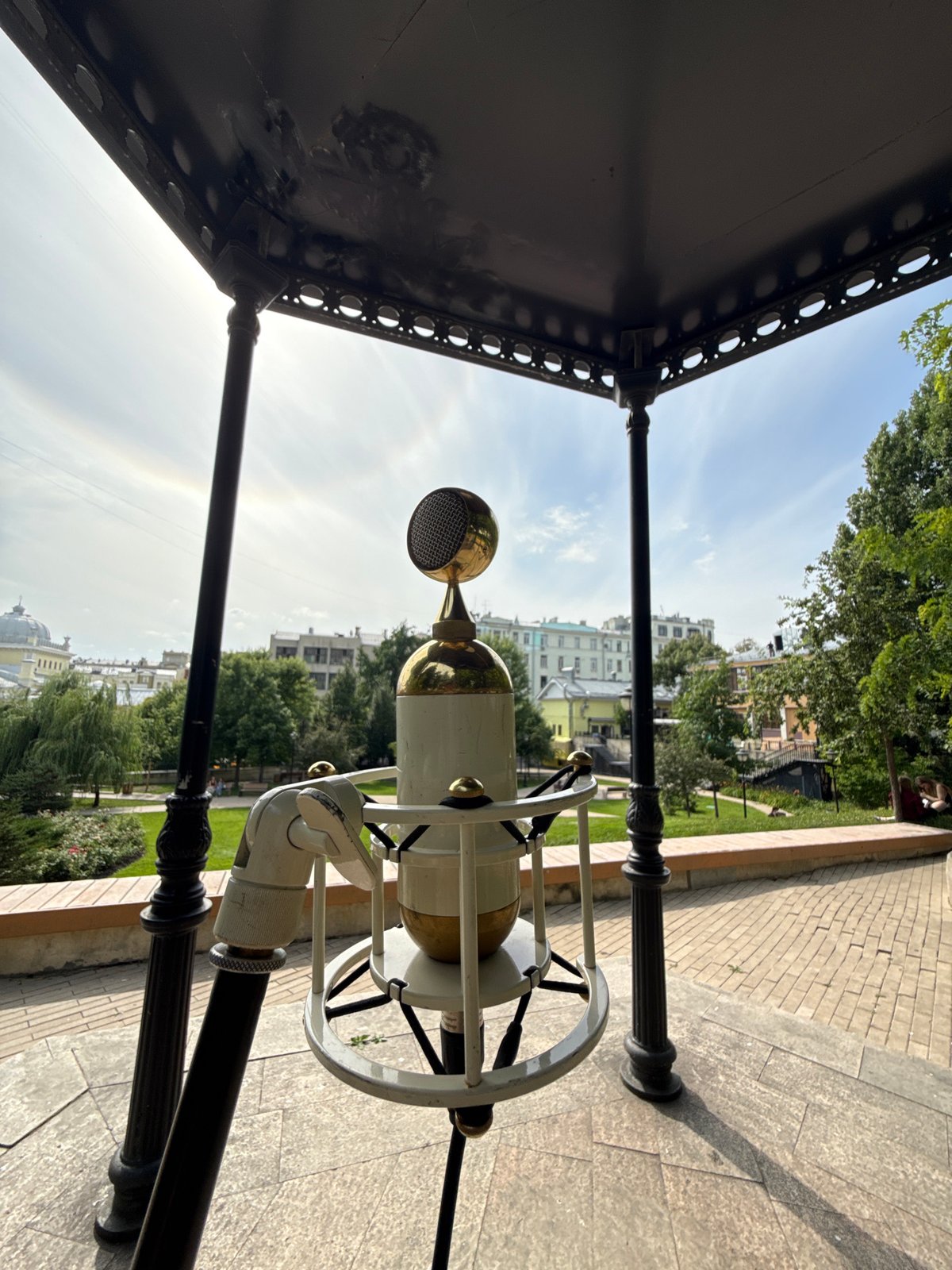 Vintage mic display against Moscow's Stalinist skyline