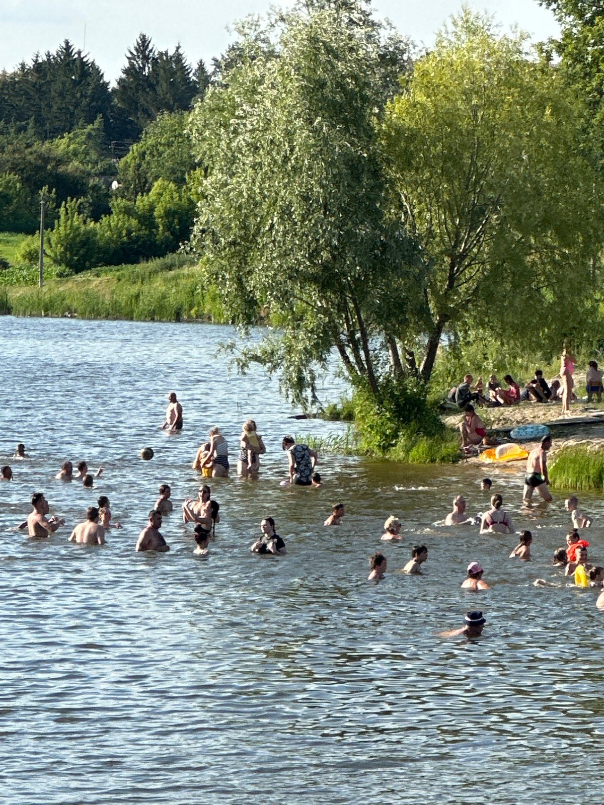 Crowded riverside beach day with bridge jumping and waterside fun