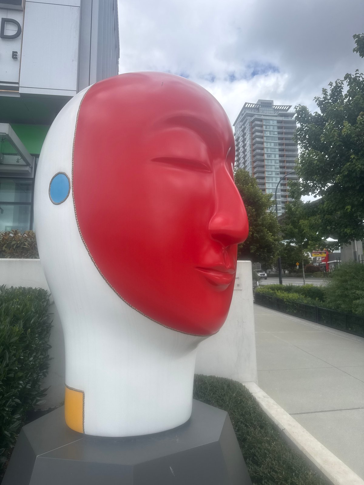 Burnaby streetscape: towers, public art, and everyday urban detail