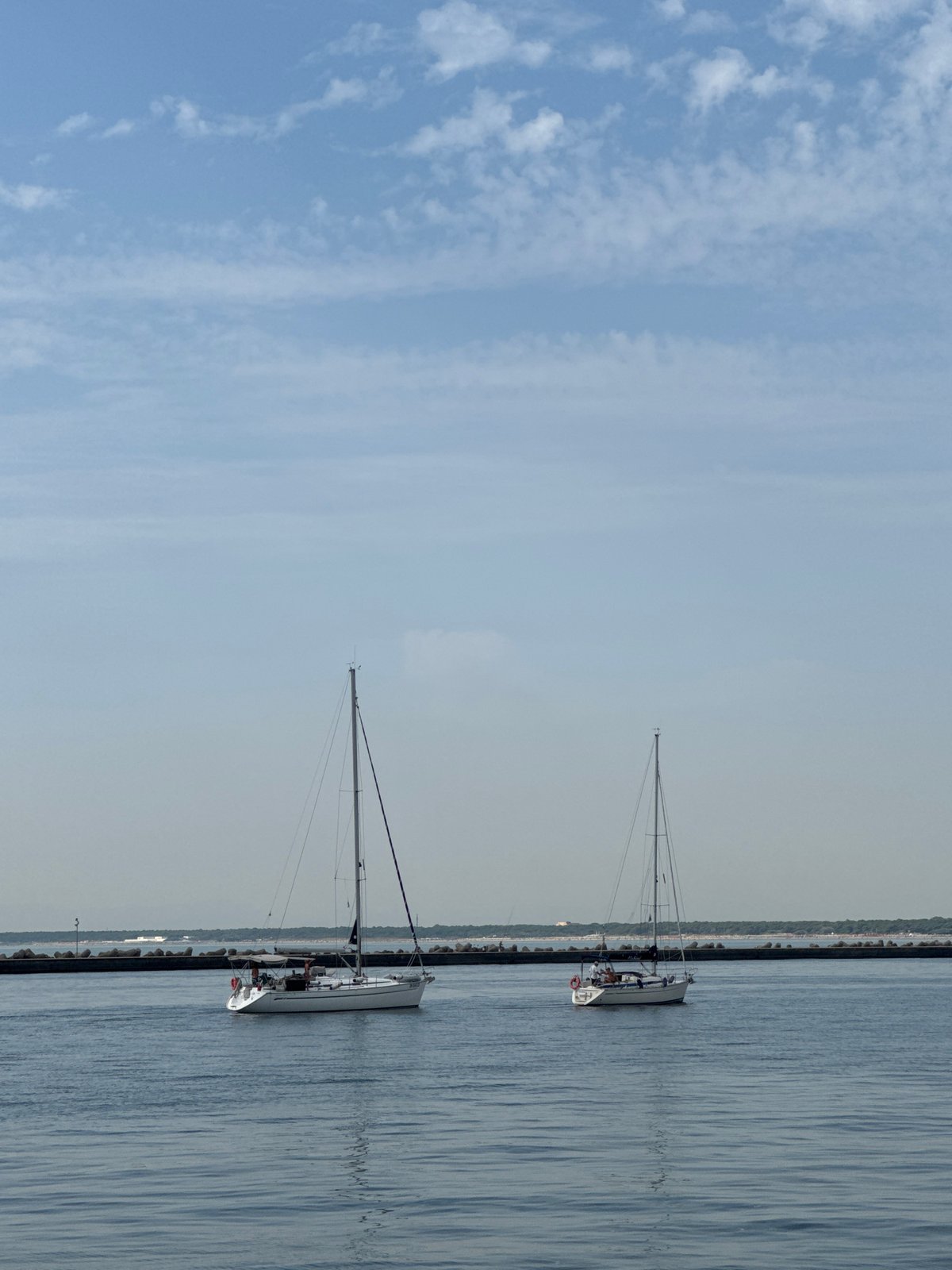 Sailboats and a pilot boat moving through calm Ravenna waters