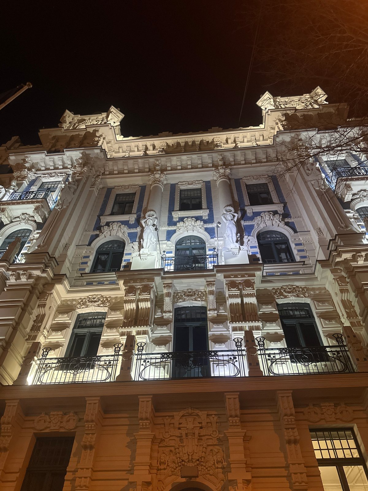 Historic Riga building facade documented at night