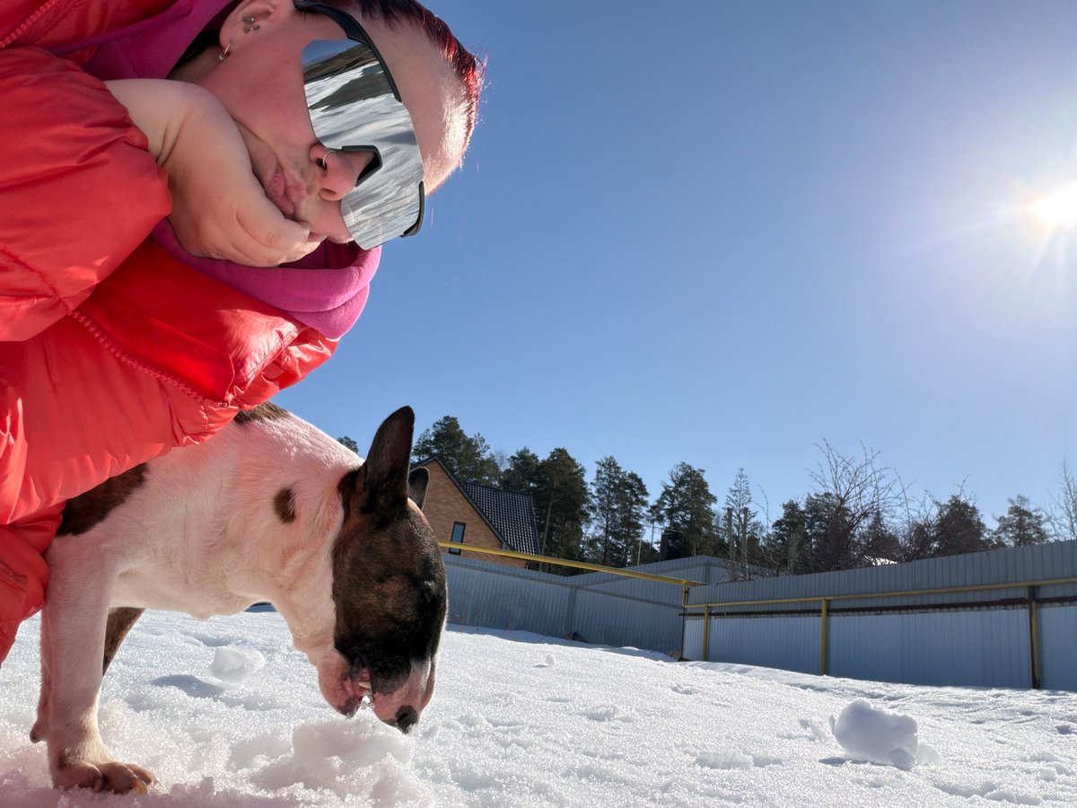 Family enjoys winter morning with dog in Chaikovsky, Russia