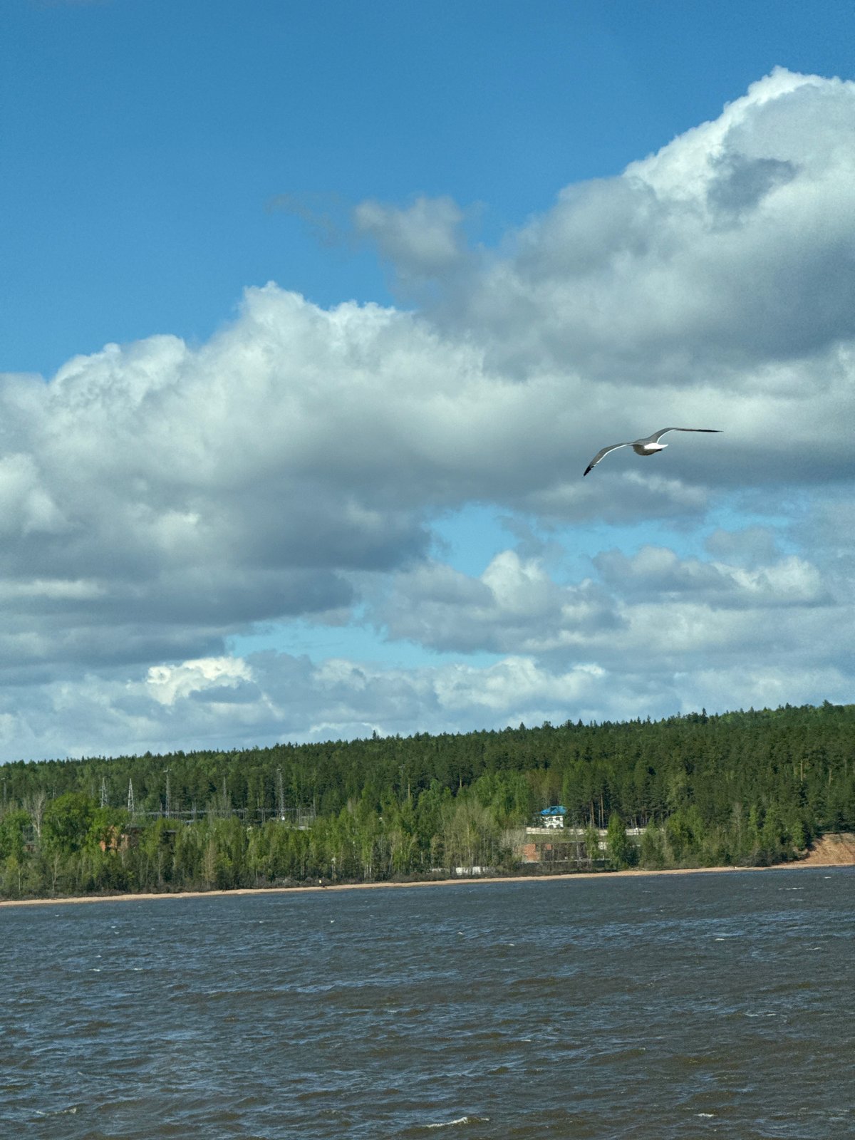 Spring waterscape observed at Chaikovsky reservoir under cloudy skies