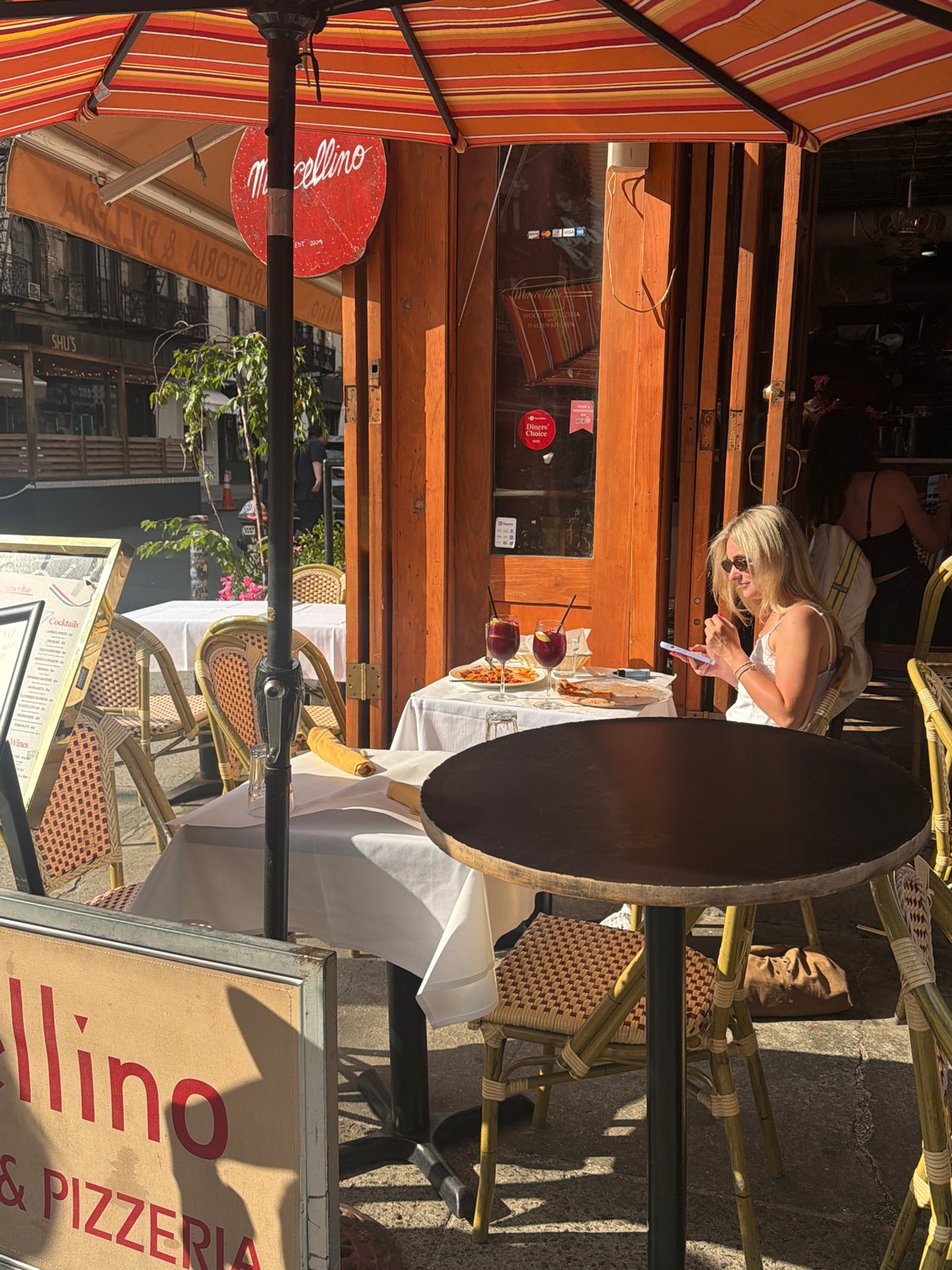 Lunch patio and a magazine rack in Lower Manhattan