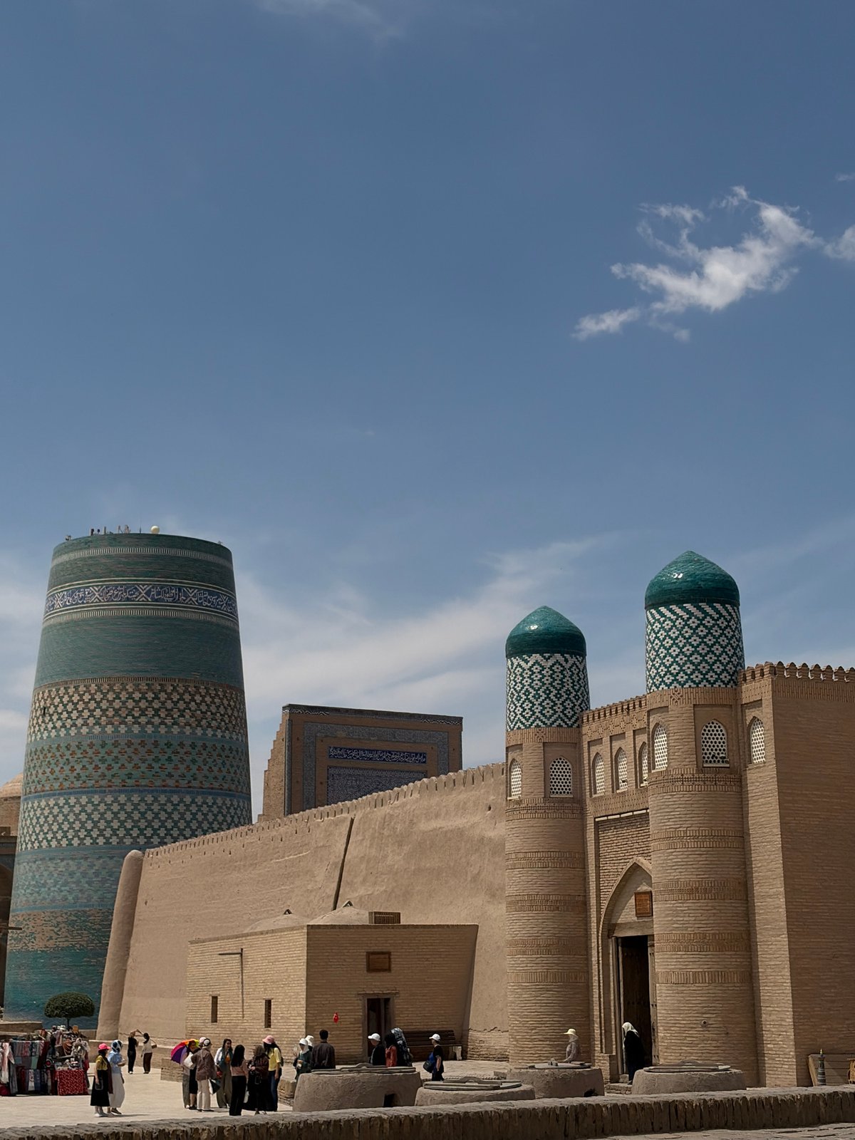 Tourist activity documented at historic Khiva fortress, Uzbekistan