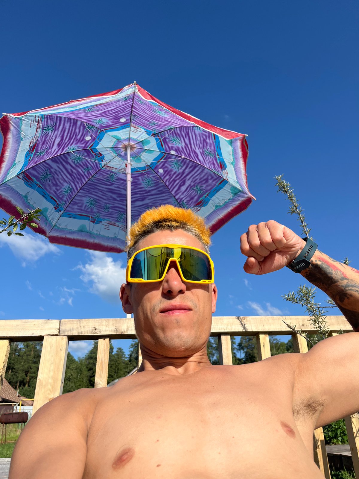 Sunny backyard summer day: trampolining and lounging in Chaikovsky