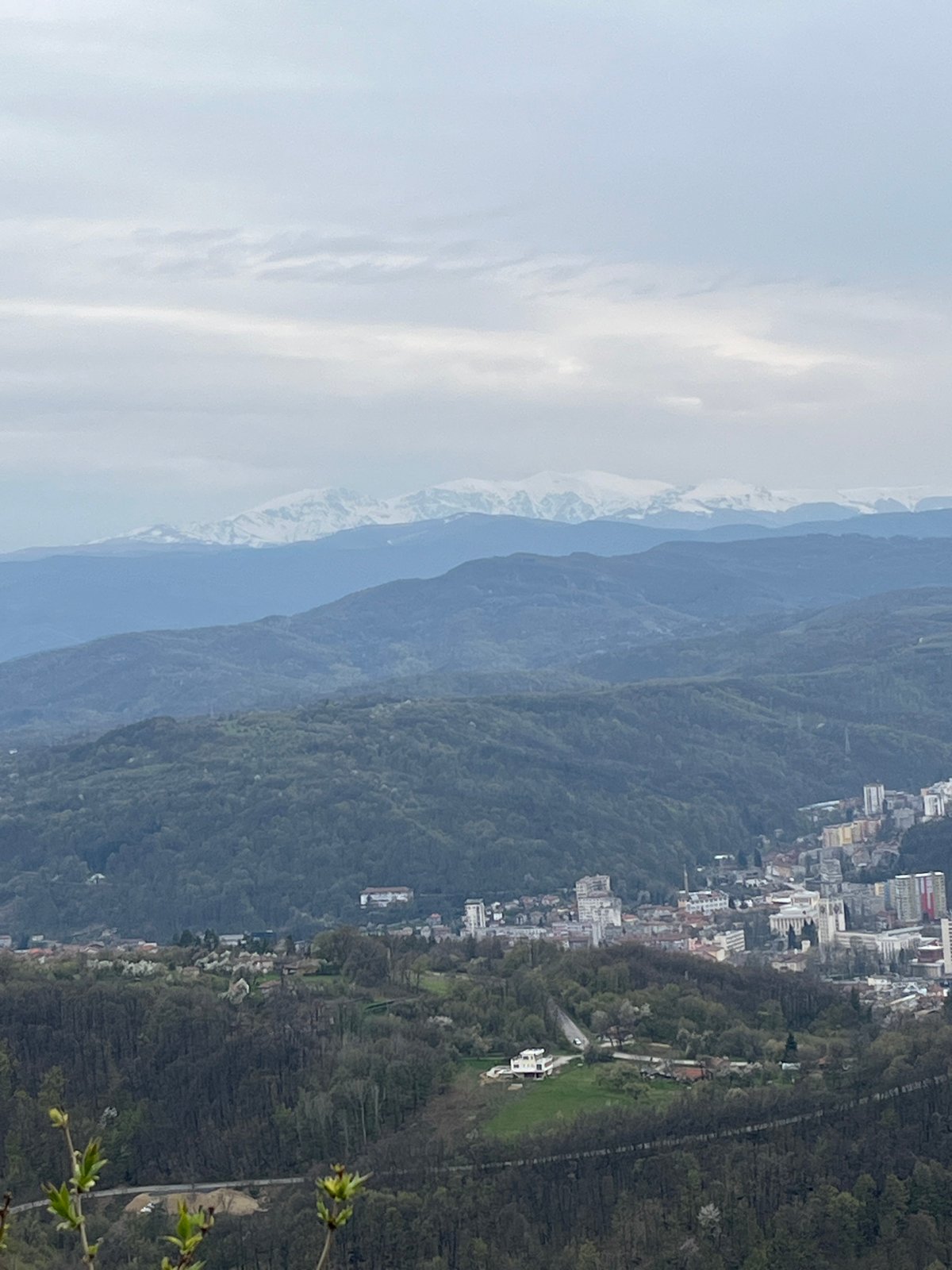 Elevated cityscape views captured over Gabrovo, Bulgaria
