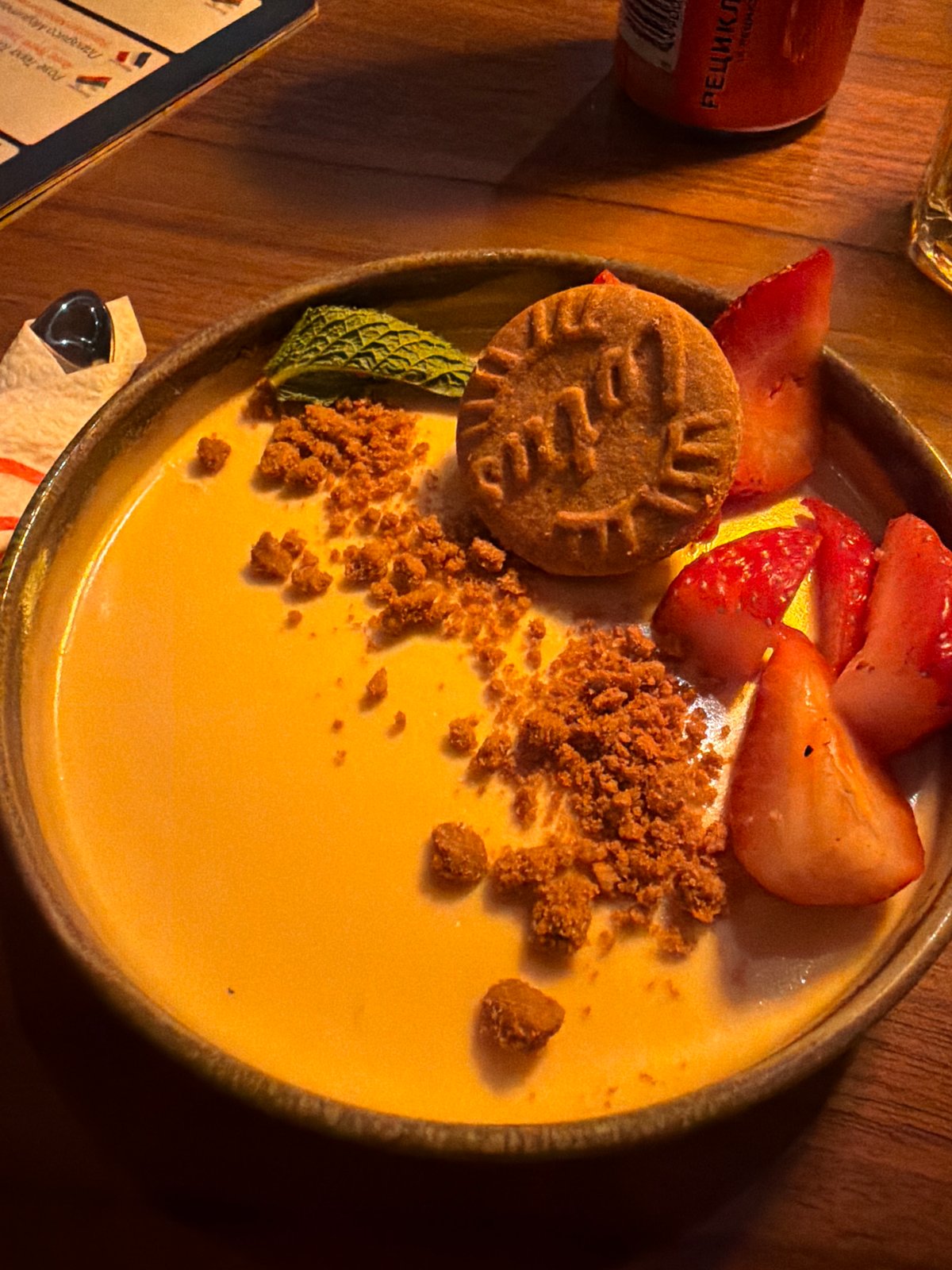 Strawberry custard dessert documented at Sofia restaurant