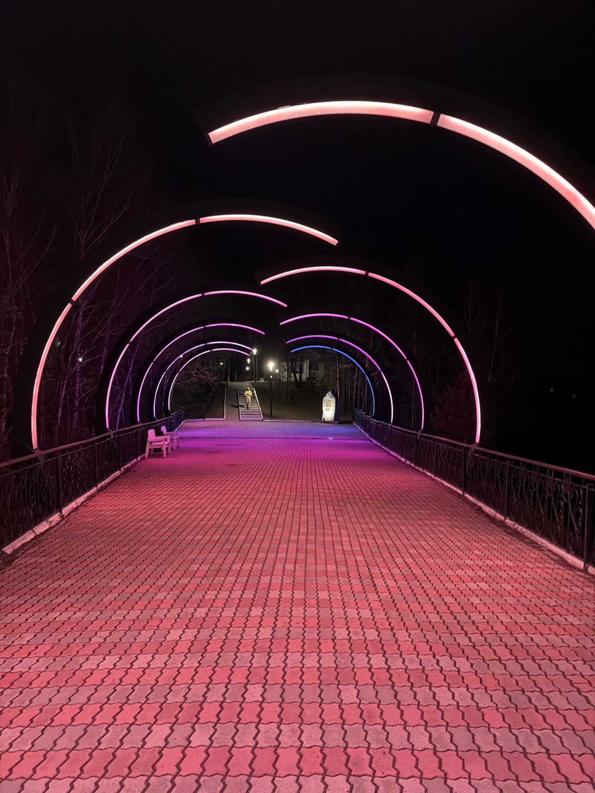 Nighttime documentation of illuminated walkway and monument in Sliznevo