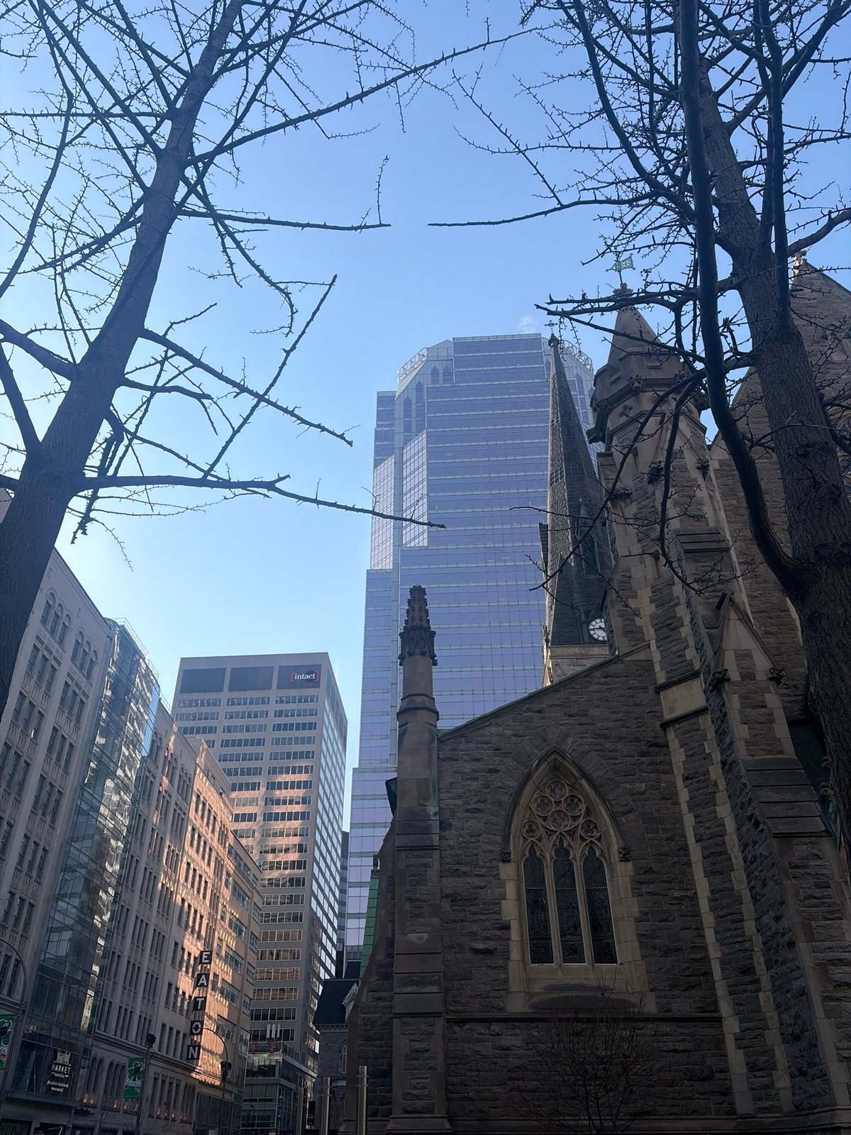 Downtown Montreal street scenes and Christ Church Cathedral documented