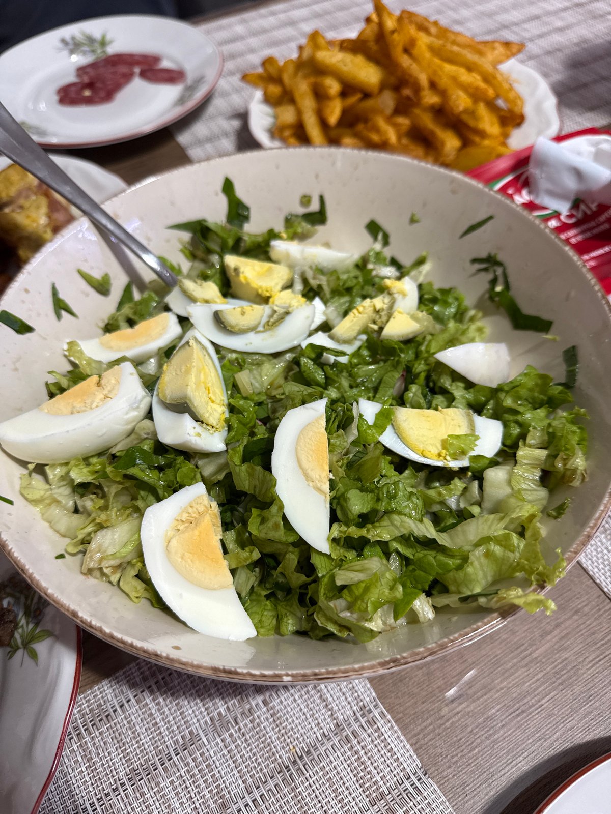 Evening meal with salad and fries documented in Sofia