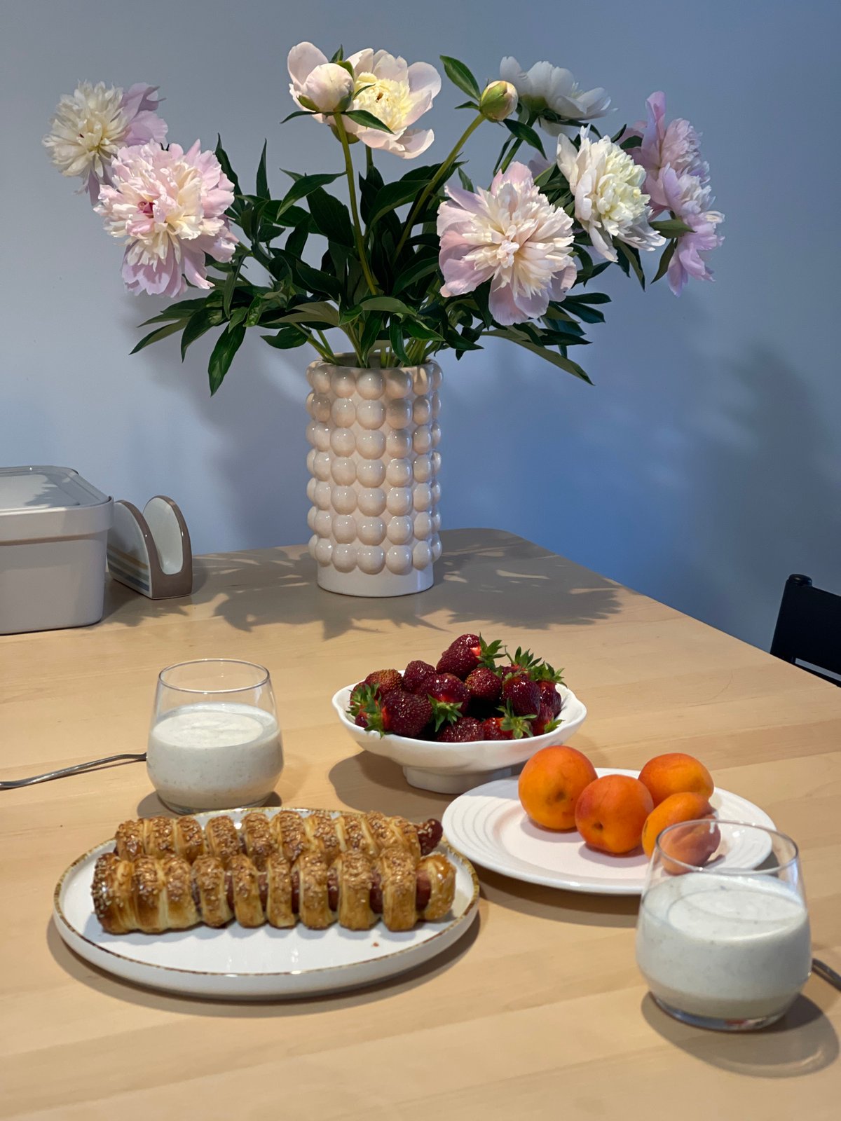 Bakery run and a pretty breakfast table, peonies included