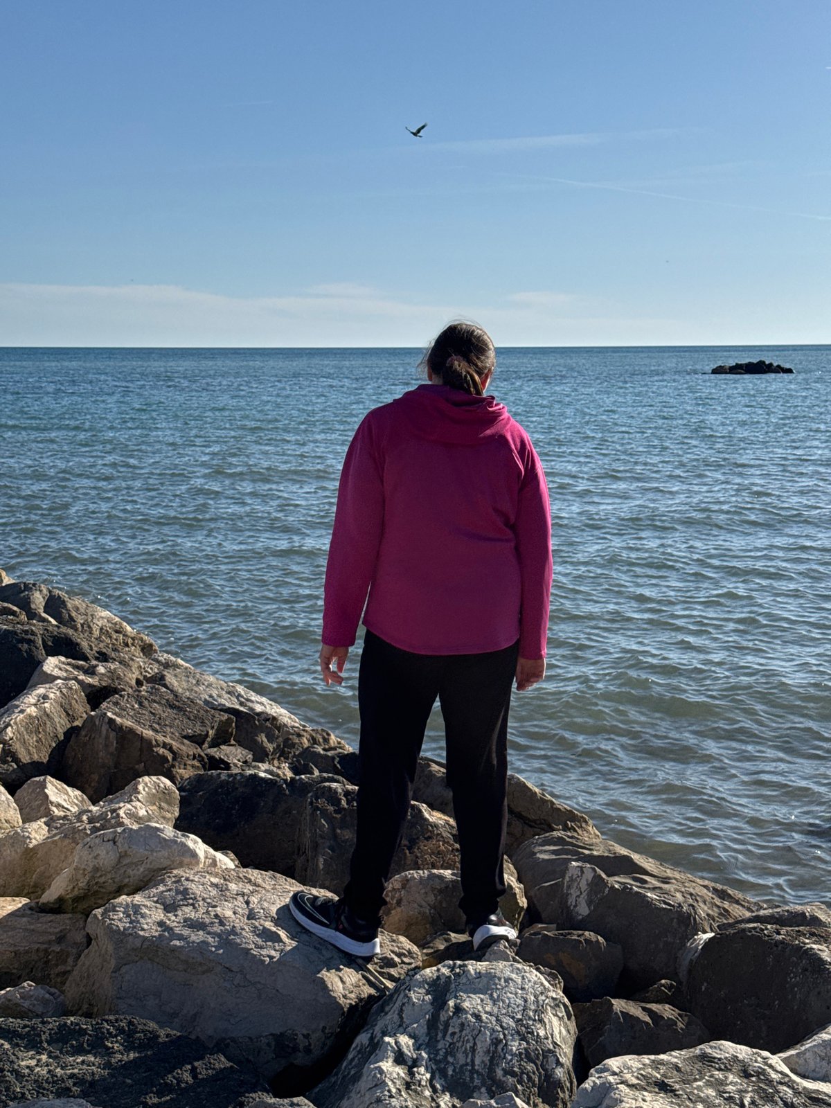 Person stands on rocky breakwater in sunny Nettuno coastal scene
