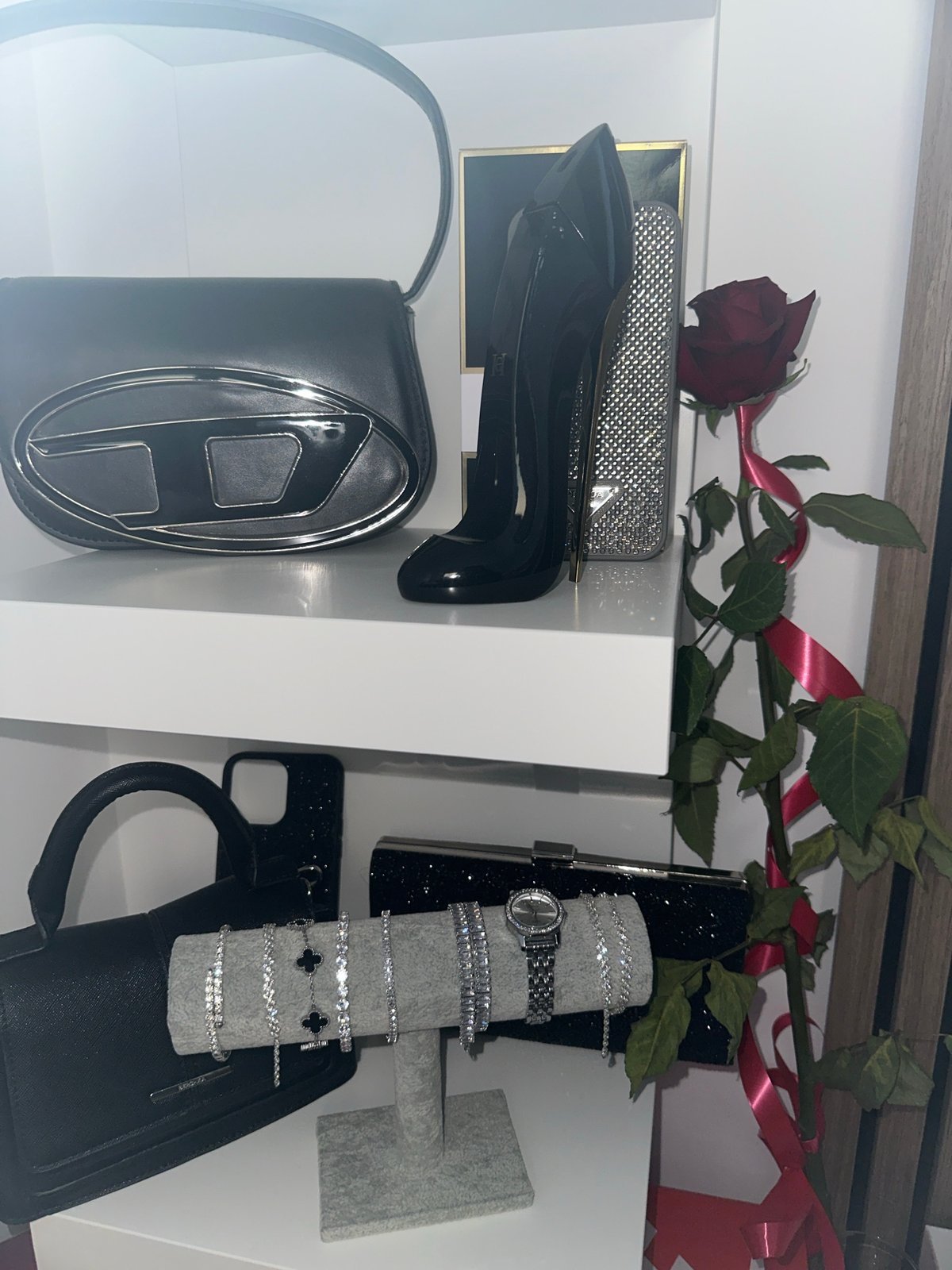 Luxury accessories displayed in organized retail arrangement
