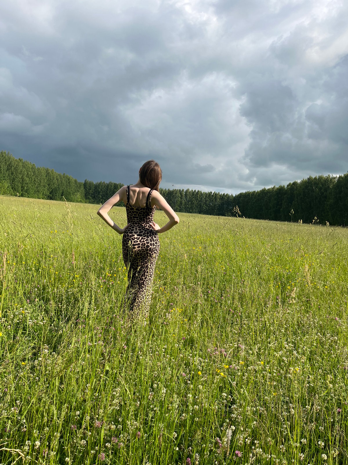 Woman poses in Russian wildflower meadow during afternoon photo session