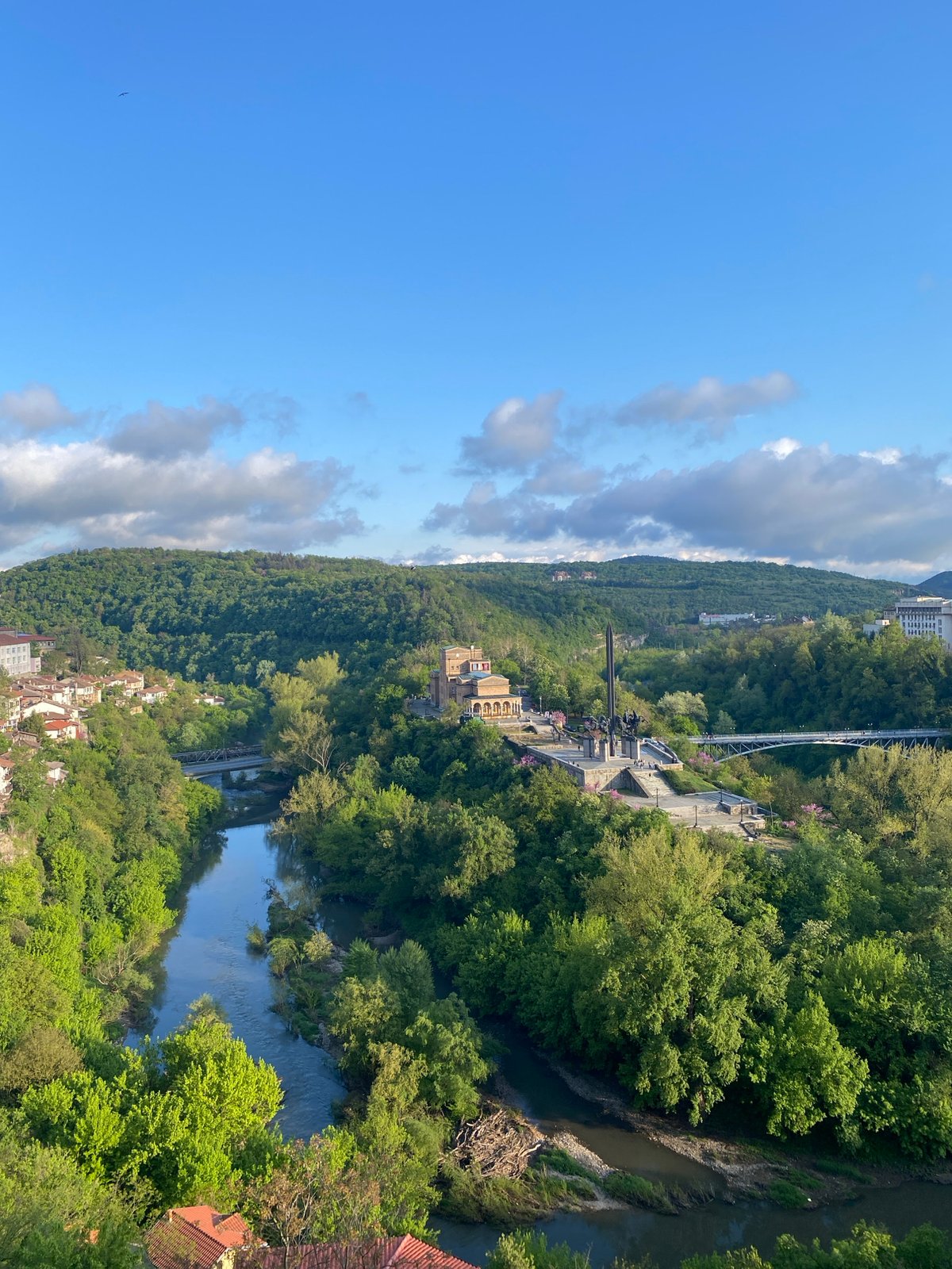 River valley town documented in aerial survey footage