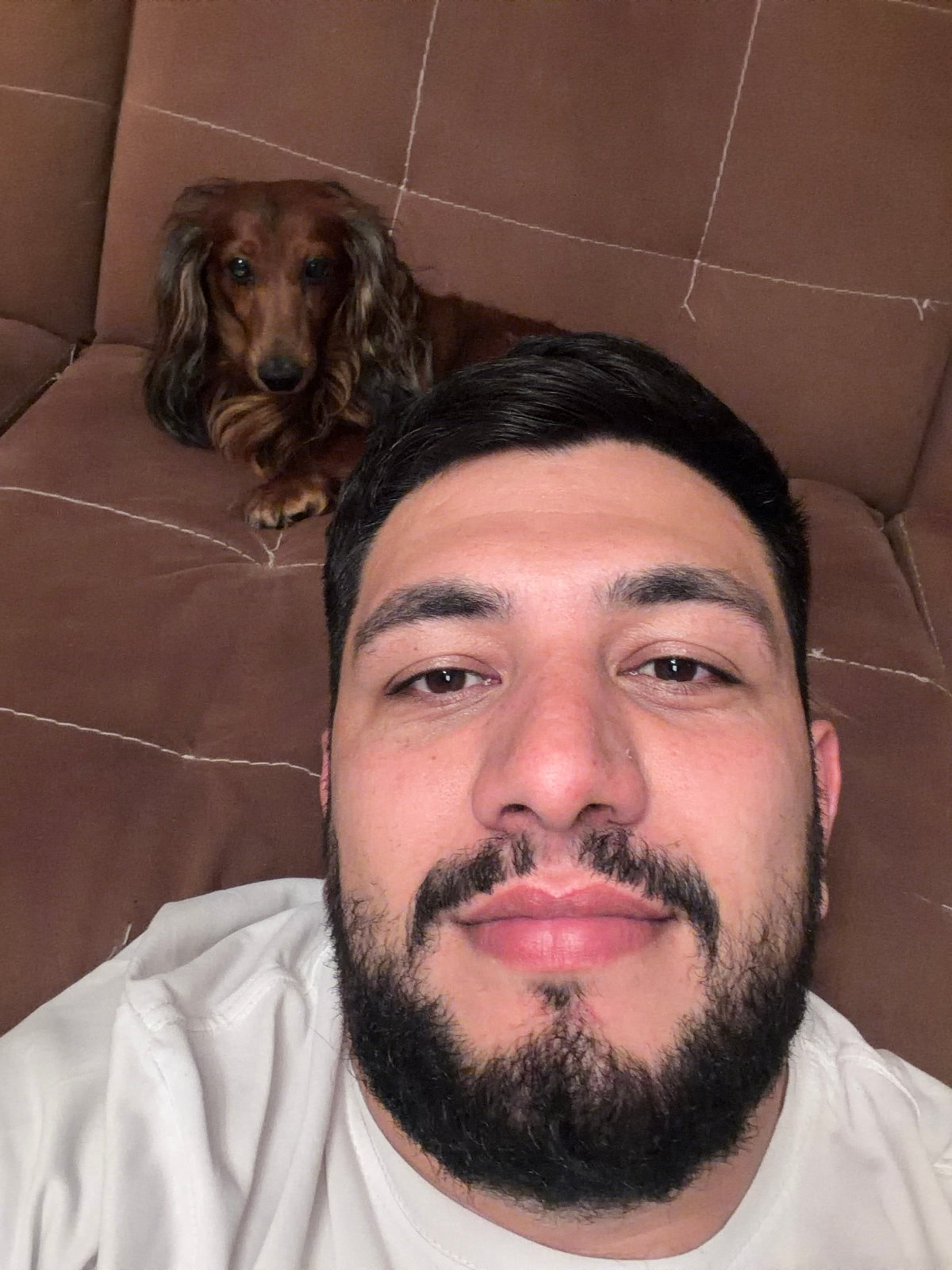 Man and dachshund share affectionate couch time in Krasnoyarsk