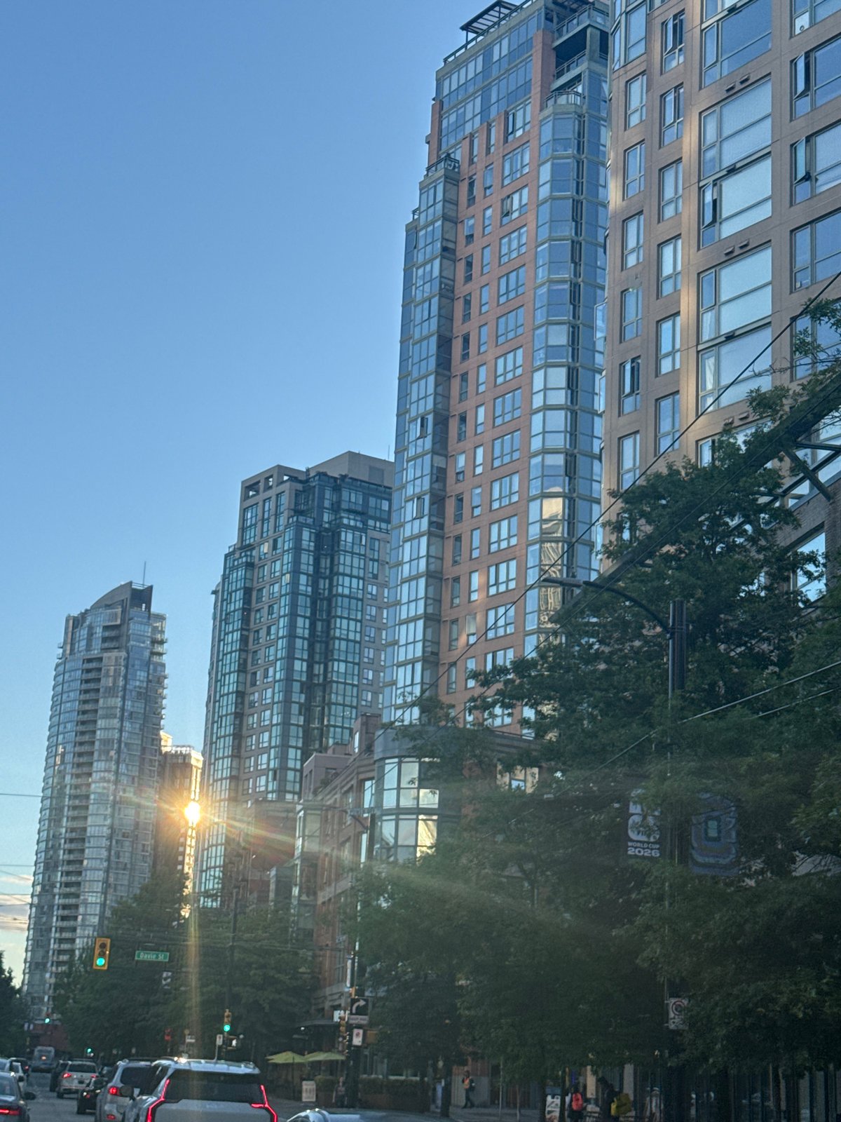Vancouver street scene photographed with golden hour lighting
